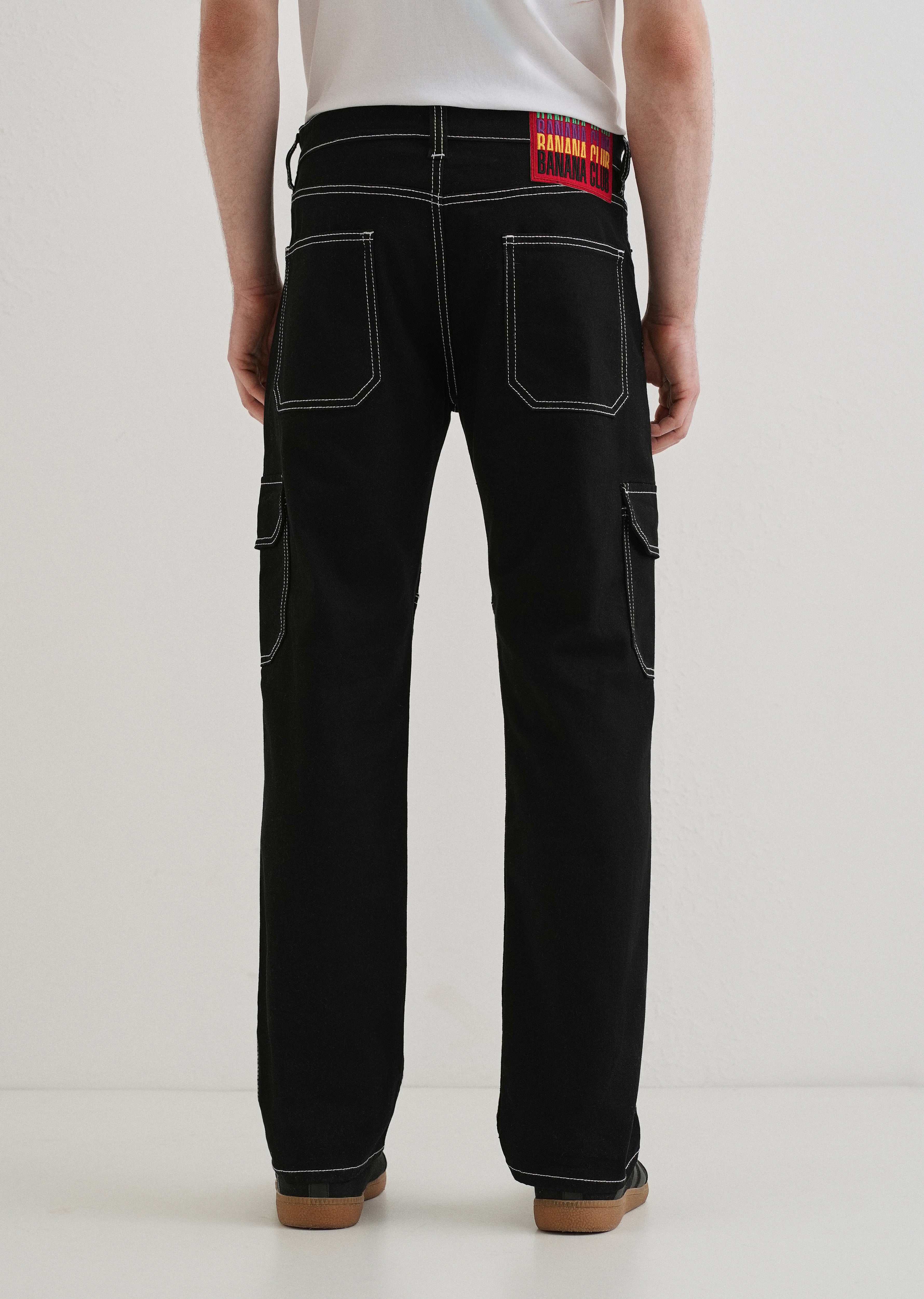 Top Stitched Black Denim Cargo