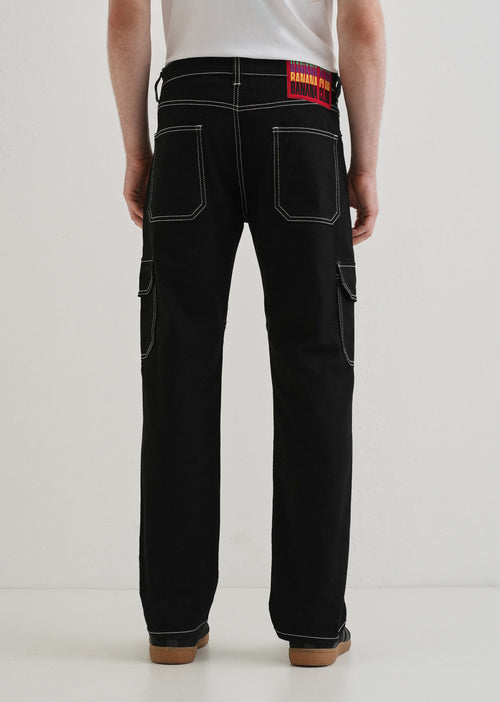 Top Stitched Black Denim Cargo