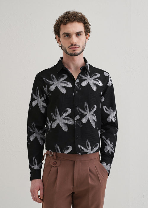Twig Flower Waffle Dobby Black Shirt