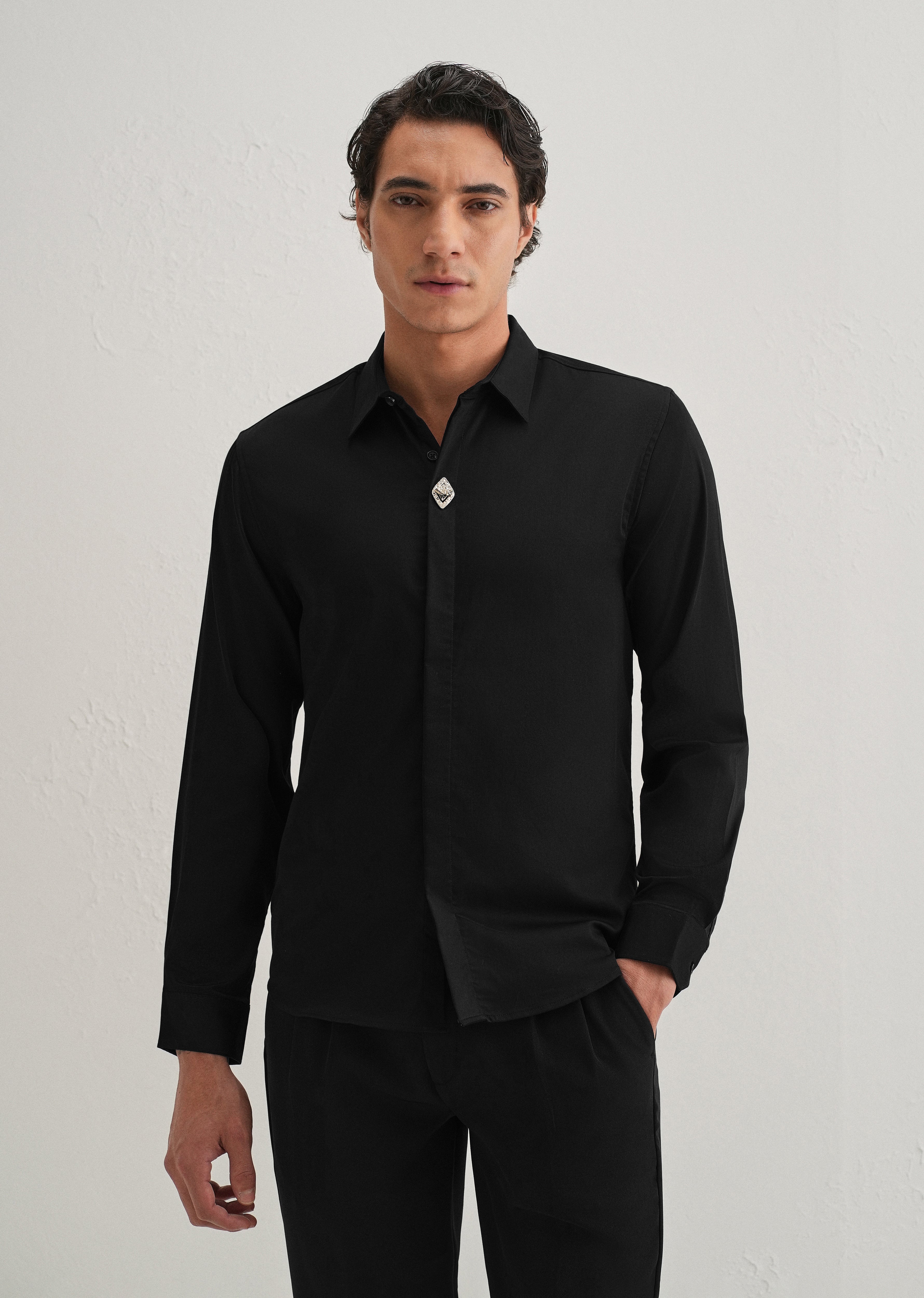 Twist Lock Button Black Designer Shirt