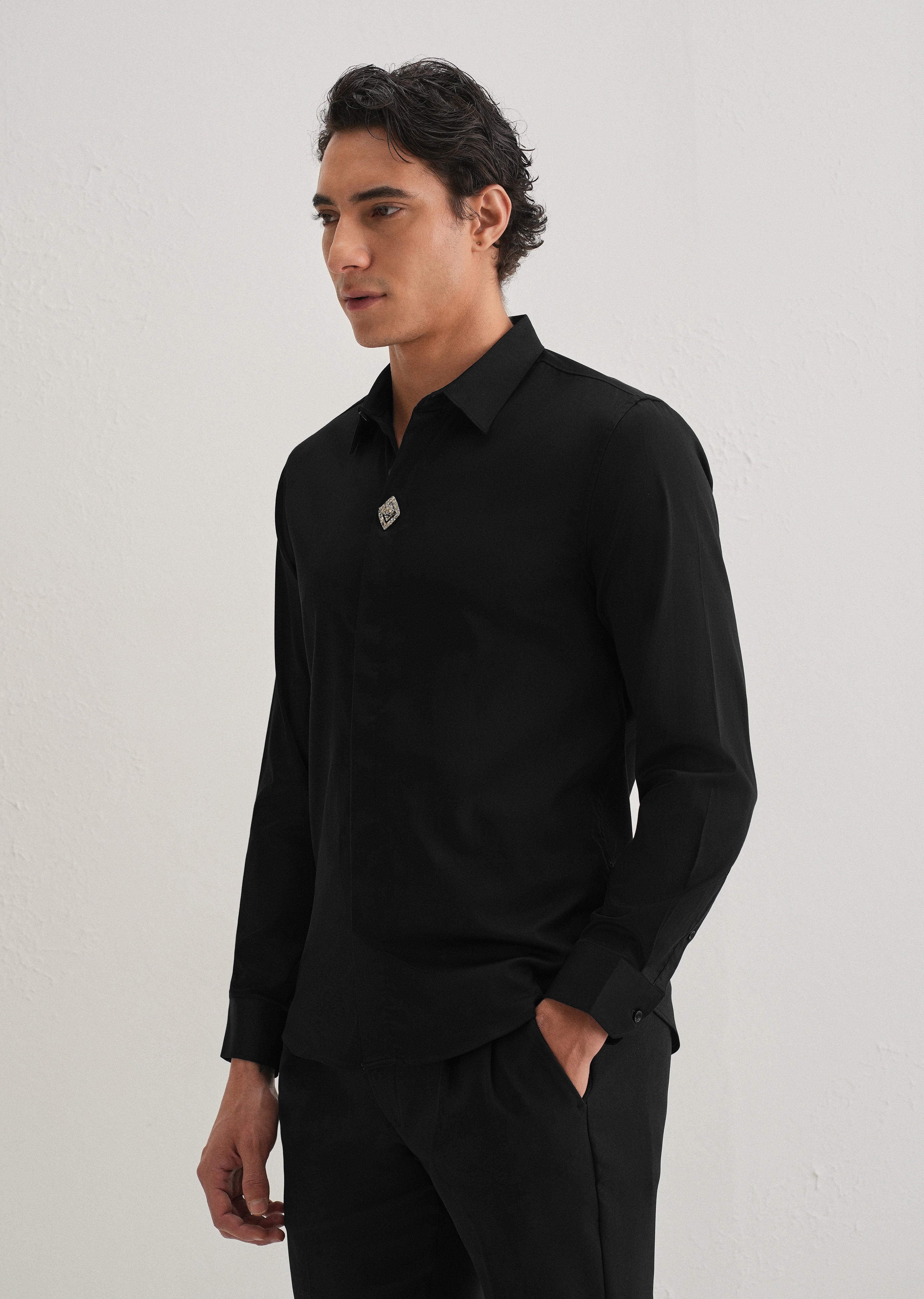 Twist Lock Button Black Designer Shirt
