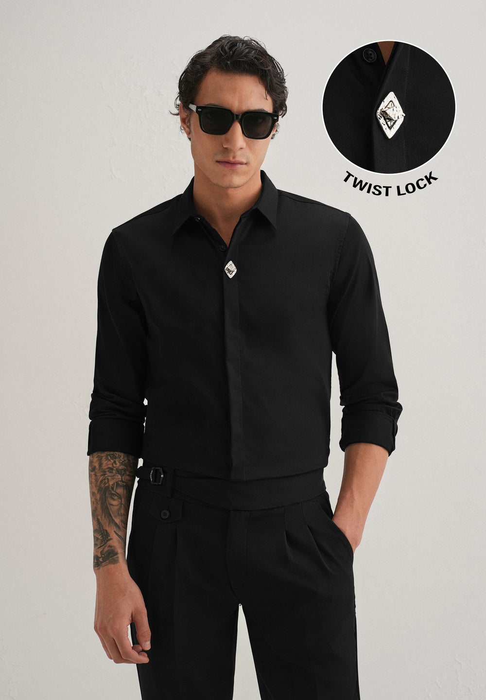 Twist Lock Button Black Designer Shirt