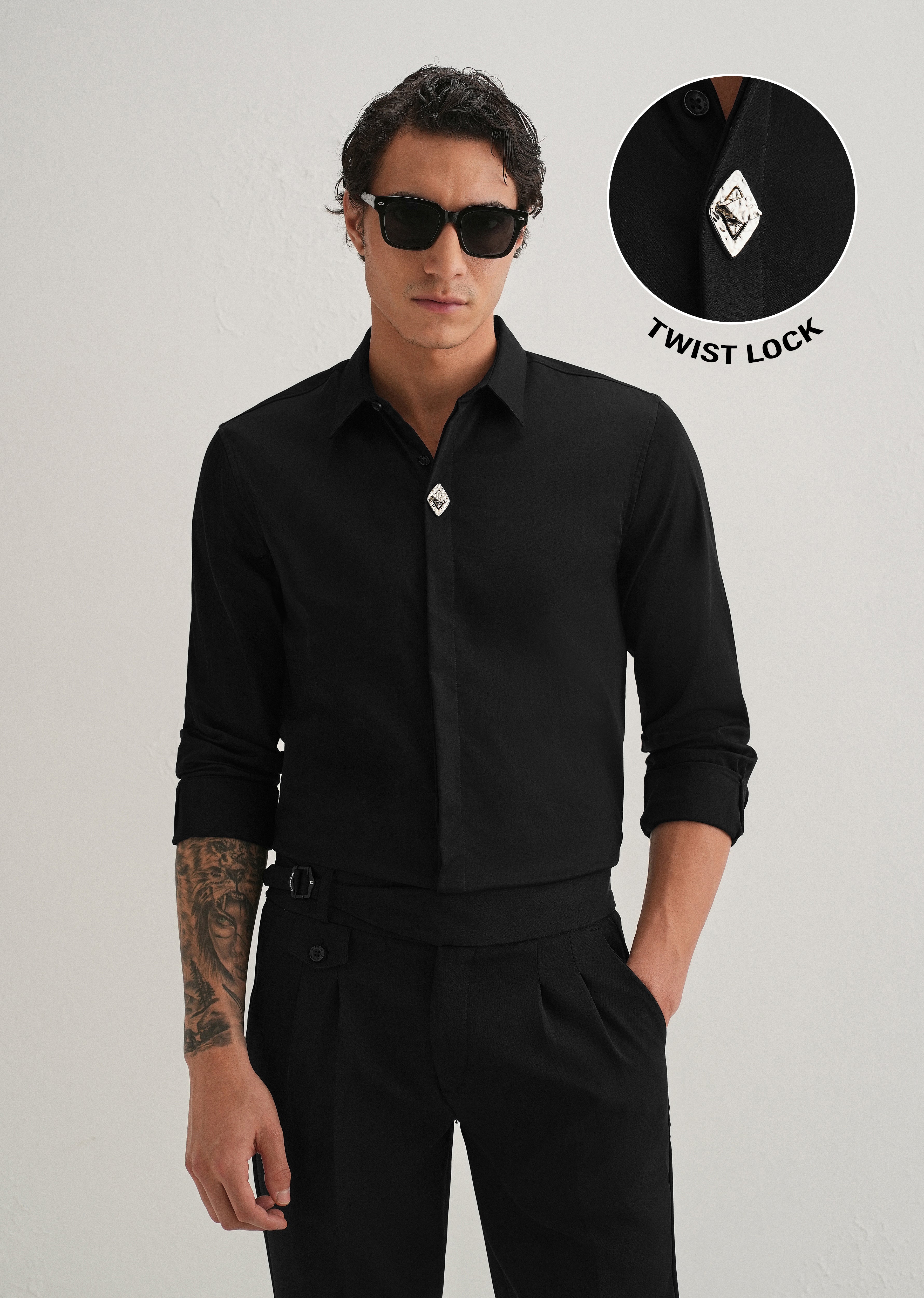 Twist Lock Button Black Designer Shirt
