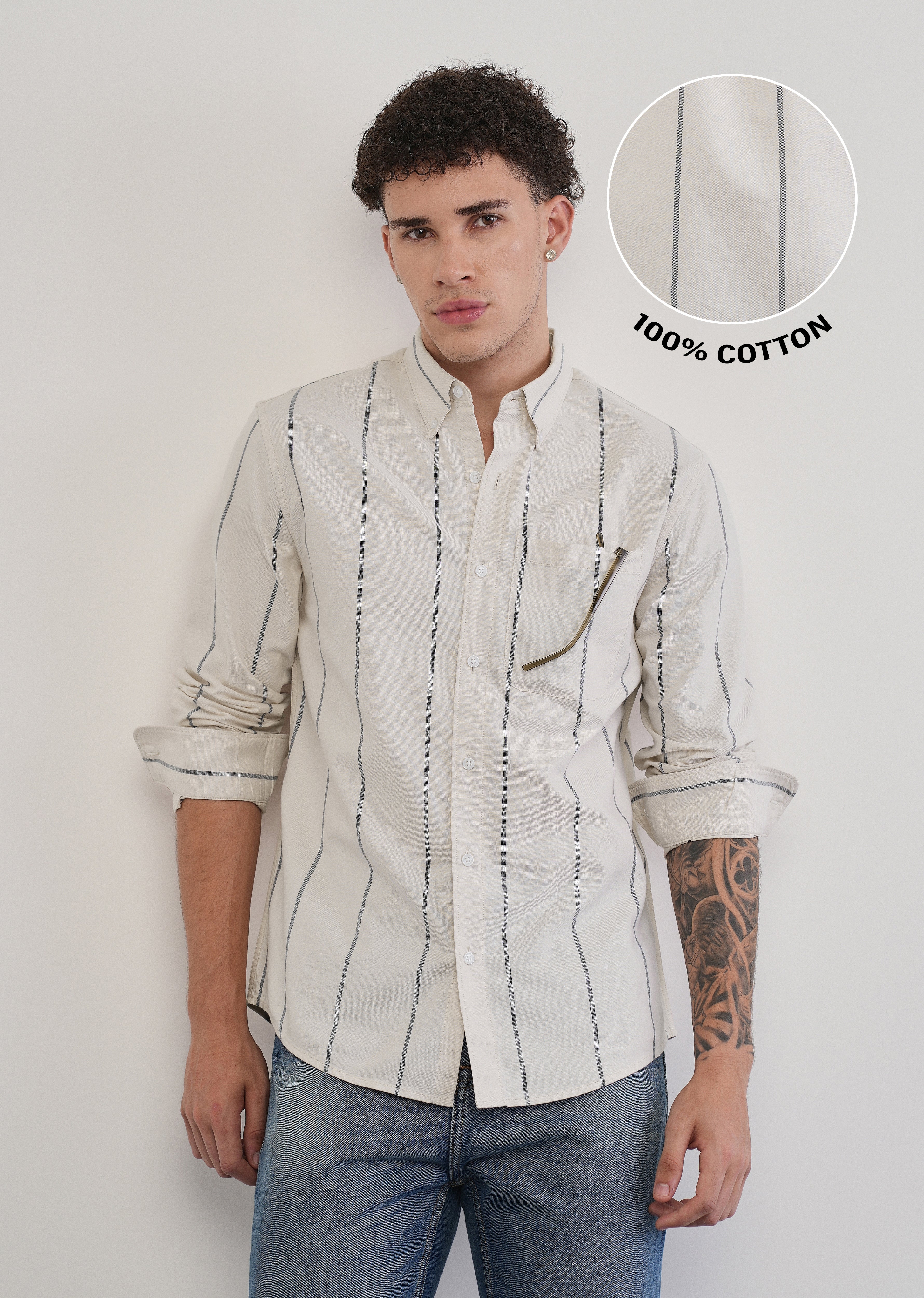 Vertical Stripe Ivory Cotton Shirt