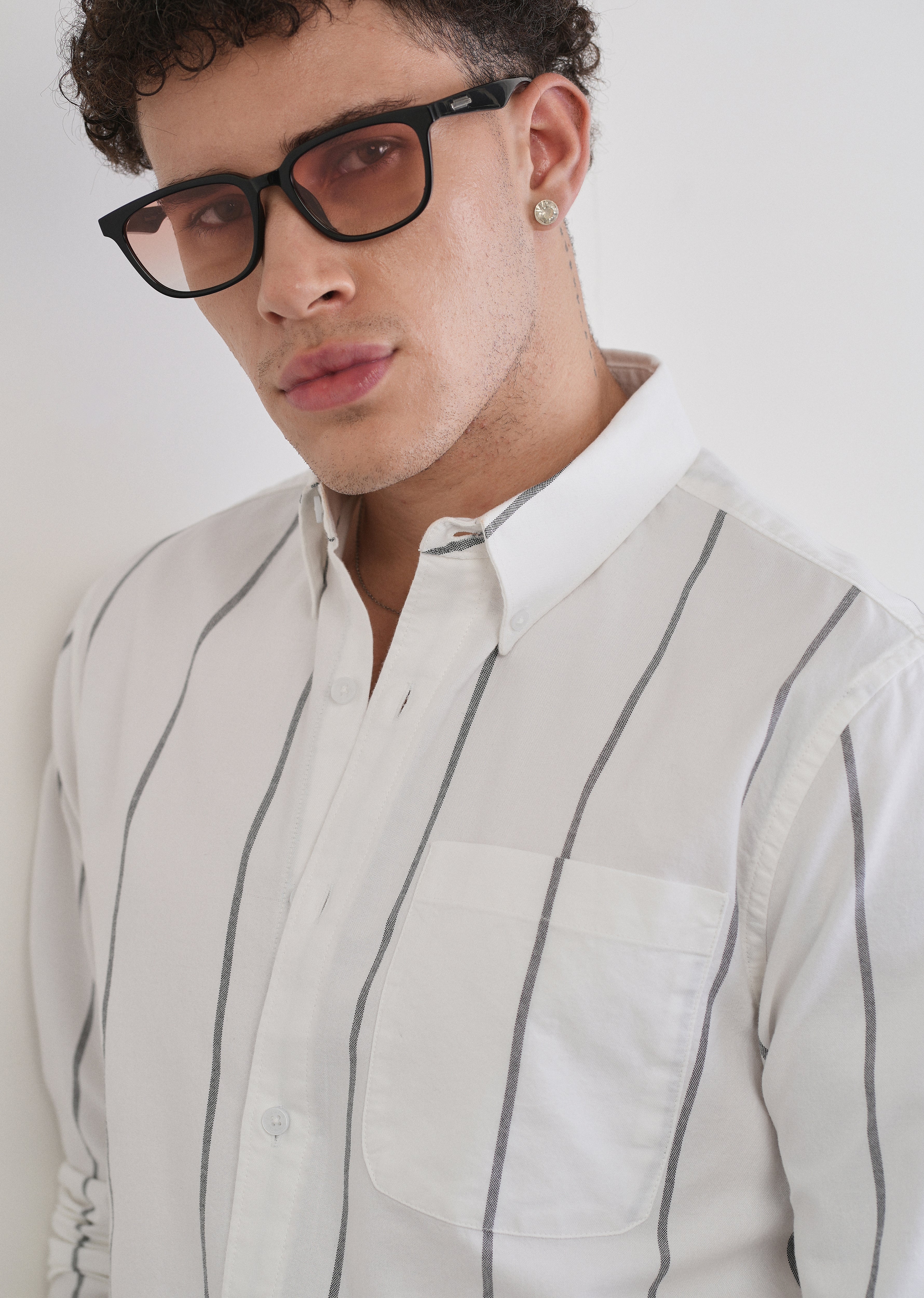 Vertical Stripe White Cotton Shirt