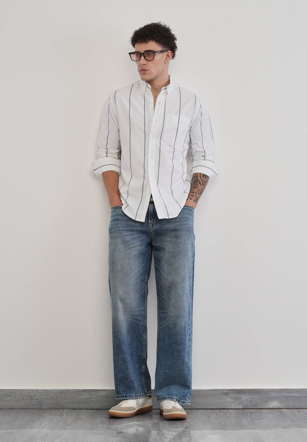 Vertical Stripe White Cotton Shirt