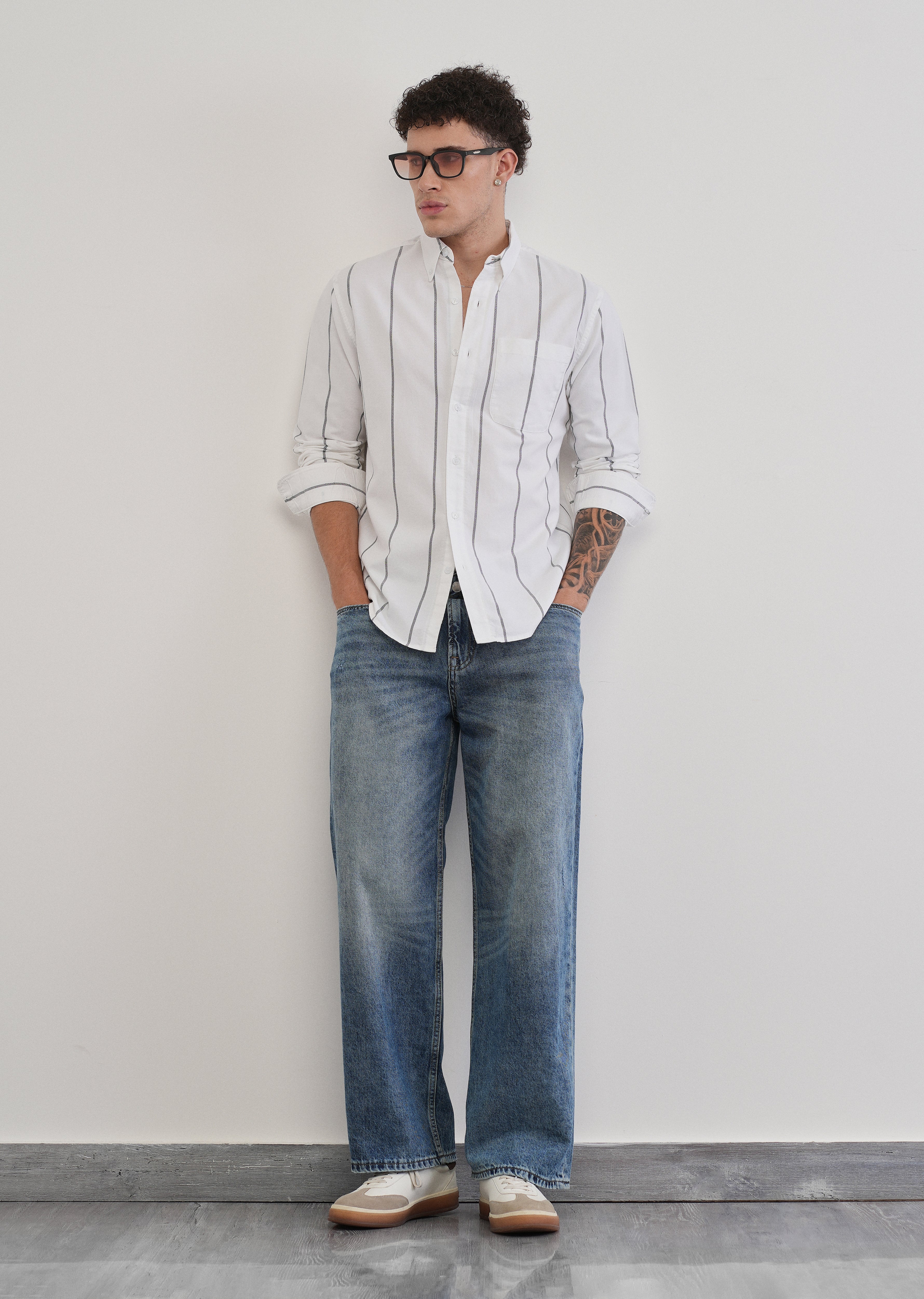 Vertical Stripe White Cotton Shirt