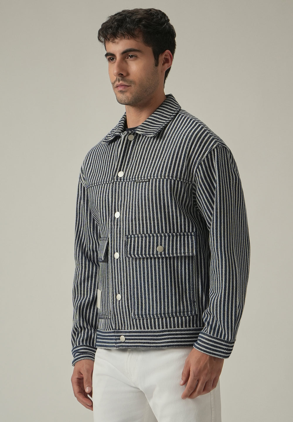 Vertical Striped Denim Jacquard Jacket