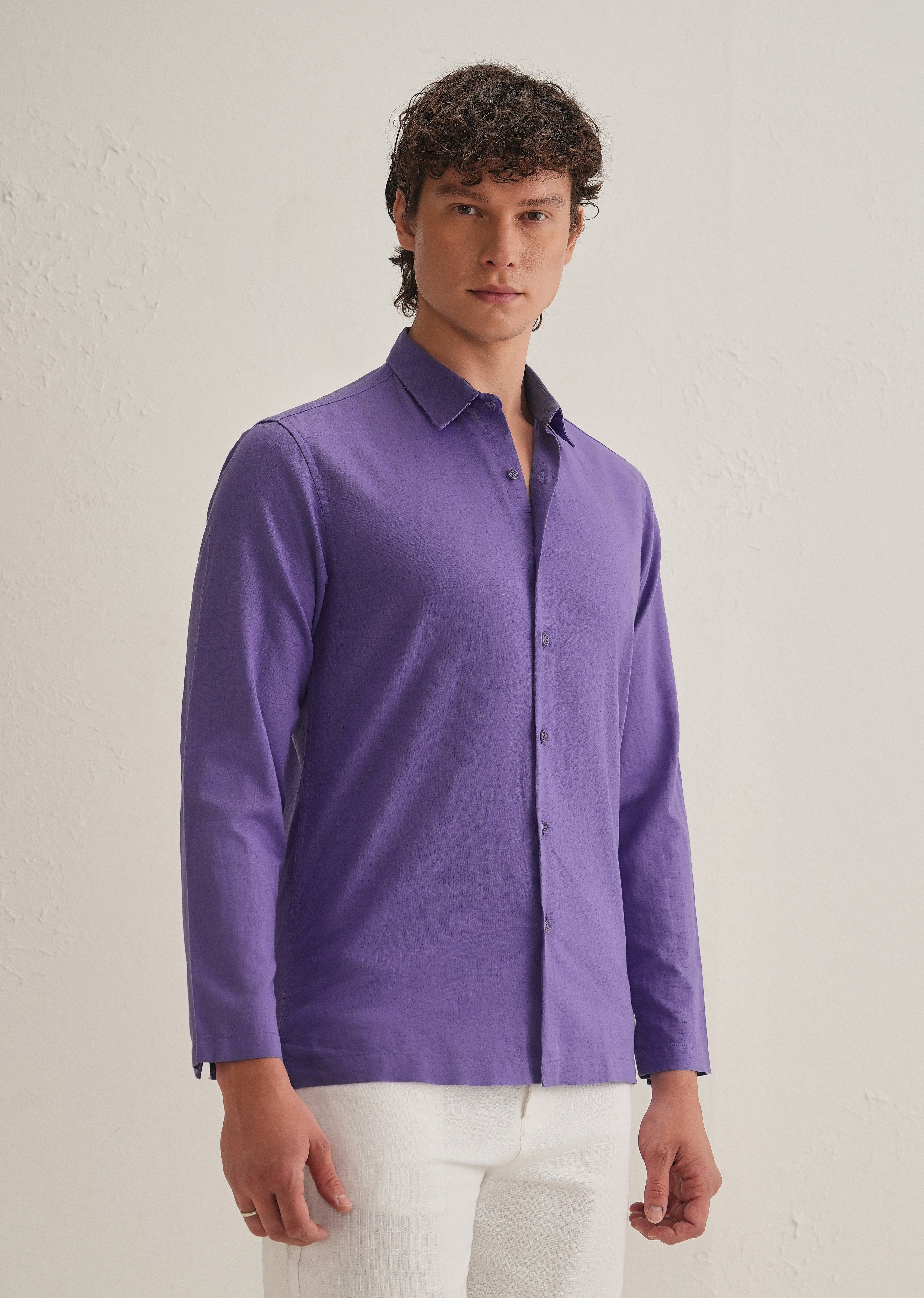 Violet Hidden Sleeve Placket Cotton Linen Shirt