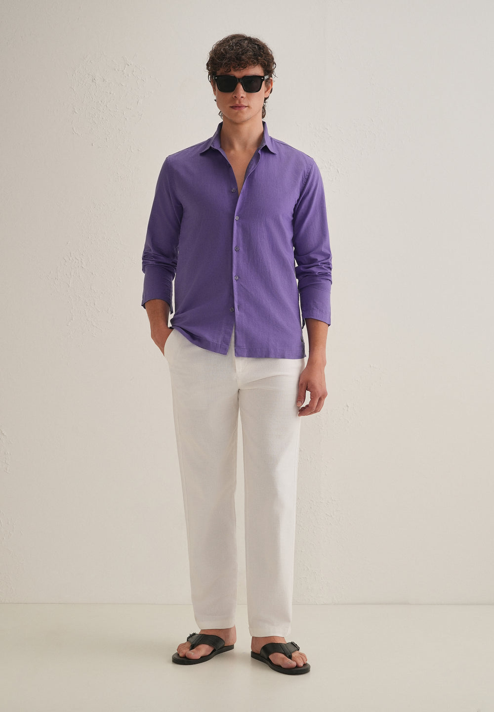 Violet Hidden Sleeve Placket Cotton Linen Shirt
