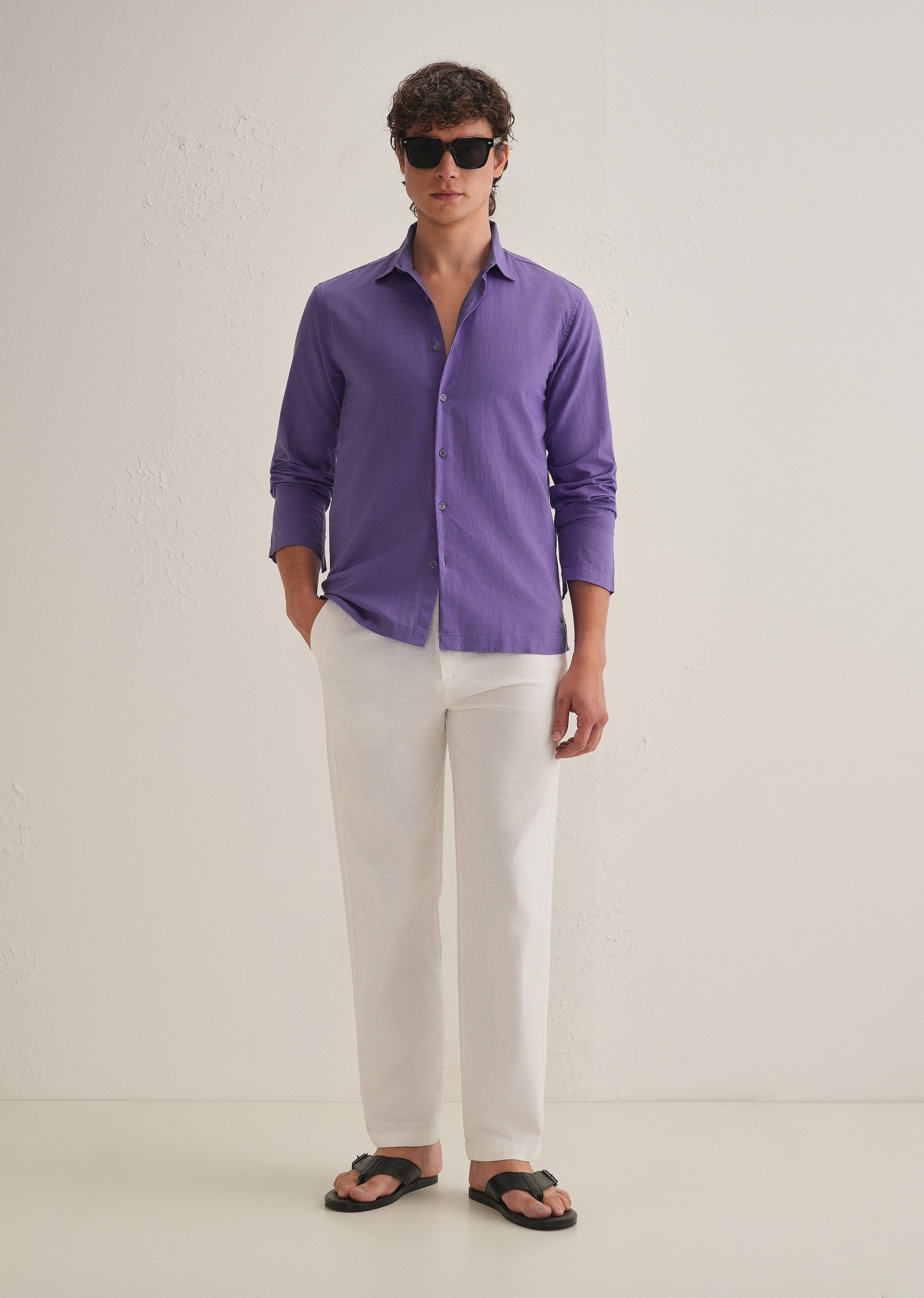 Violet Hidden Sleeve Placket Cotton Linen Shirt