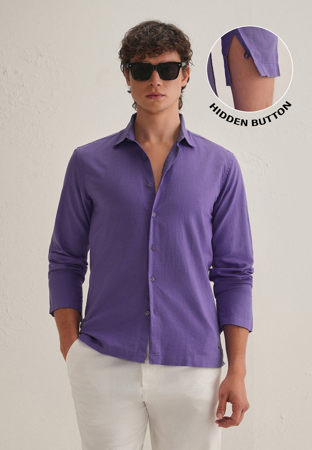 Violet Hidden Sleeve Placket Cotton Linen Shirt