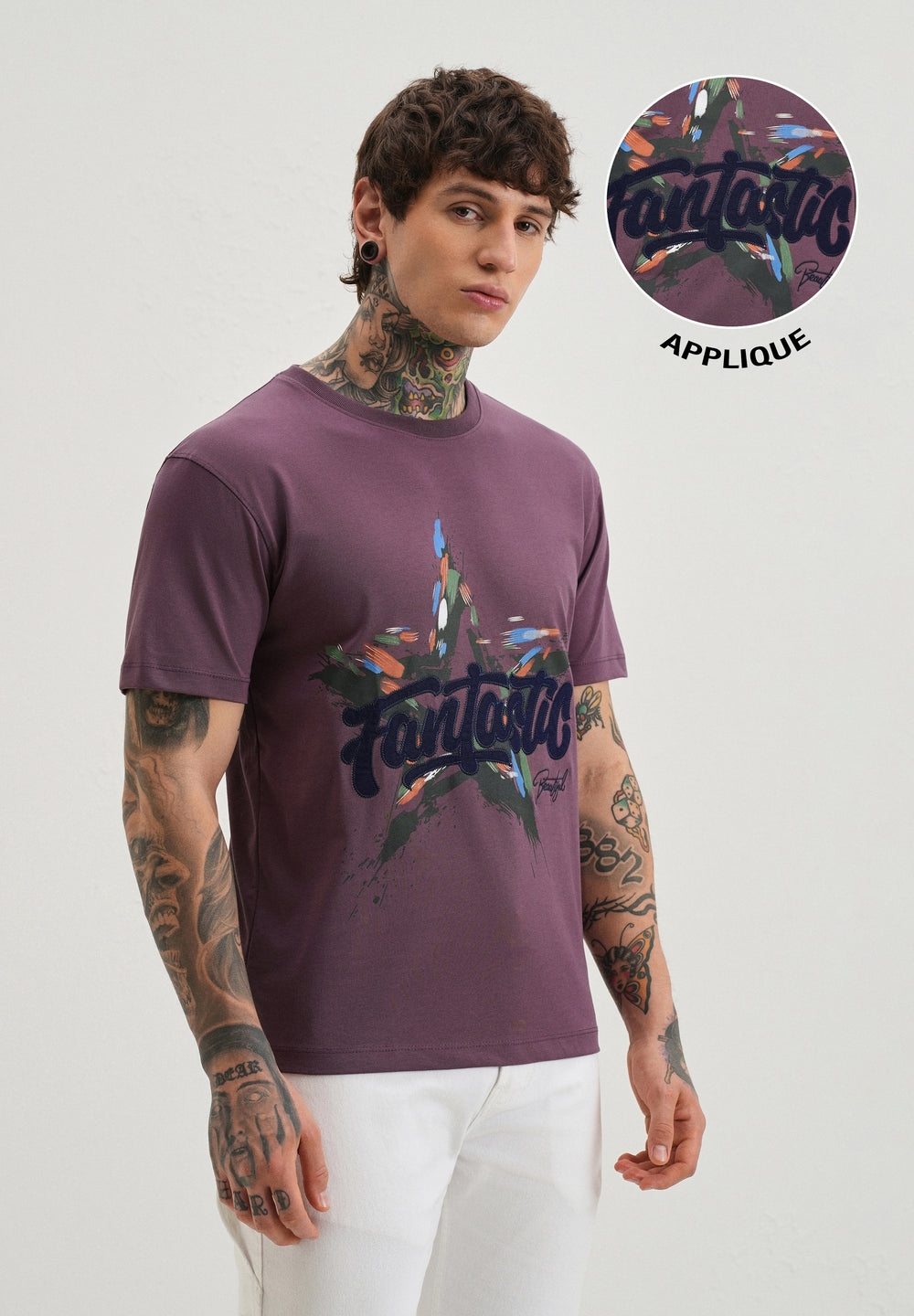 Violet Graphic Print Applique T-shirt