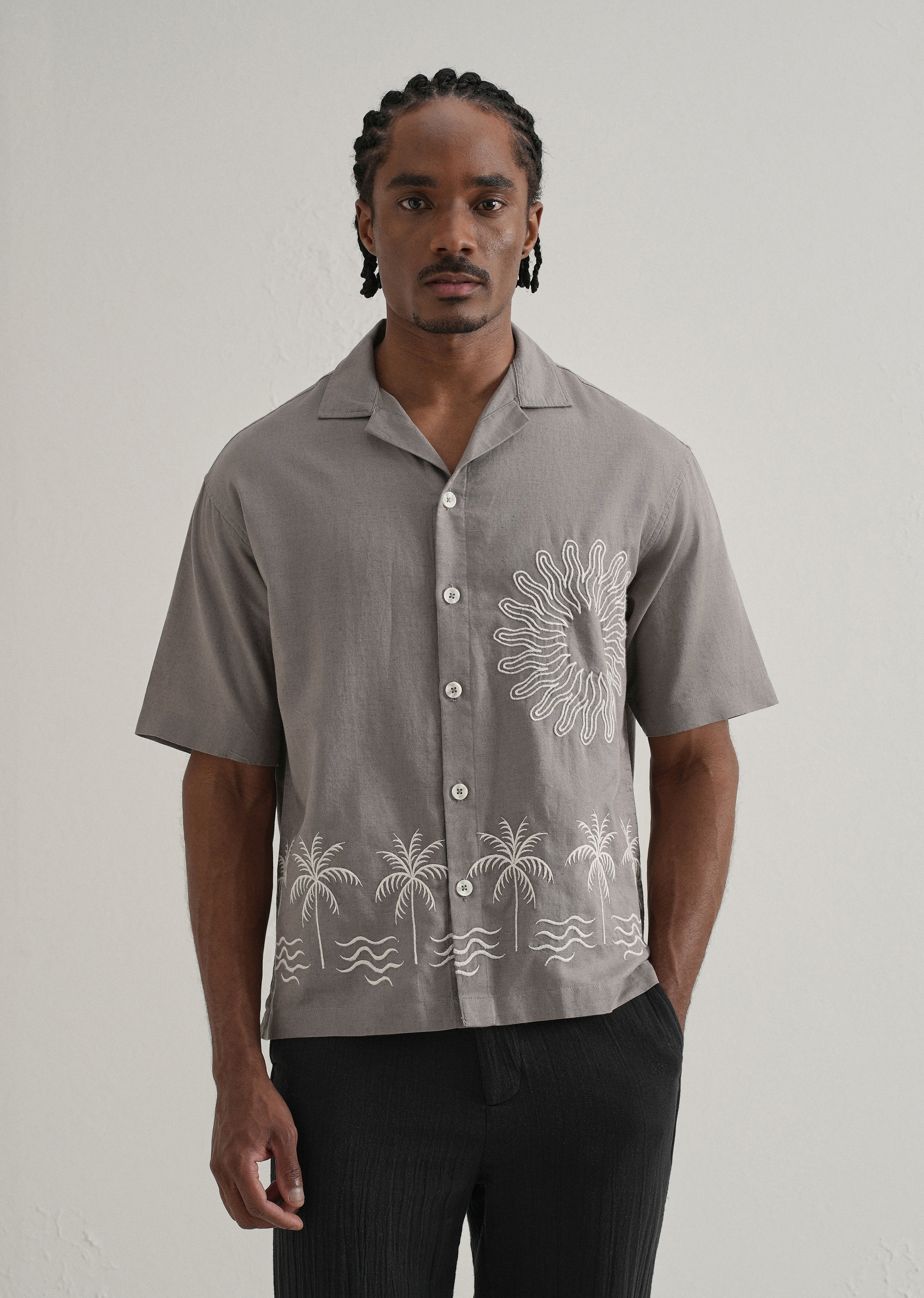 Warm Grey Embroidery Cuban Collar Shirt