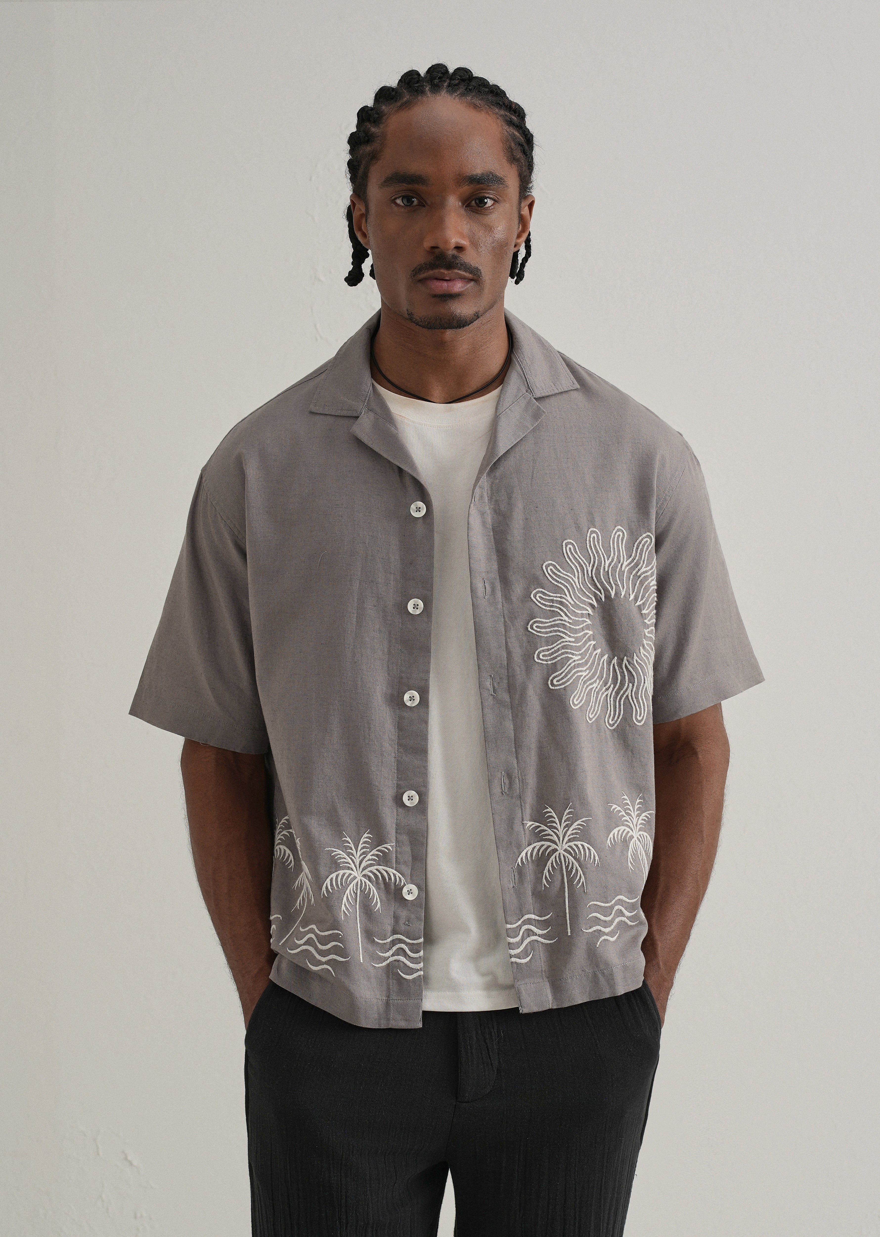 Warm Grey Embroidery Cuban Collar Shirt