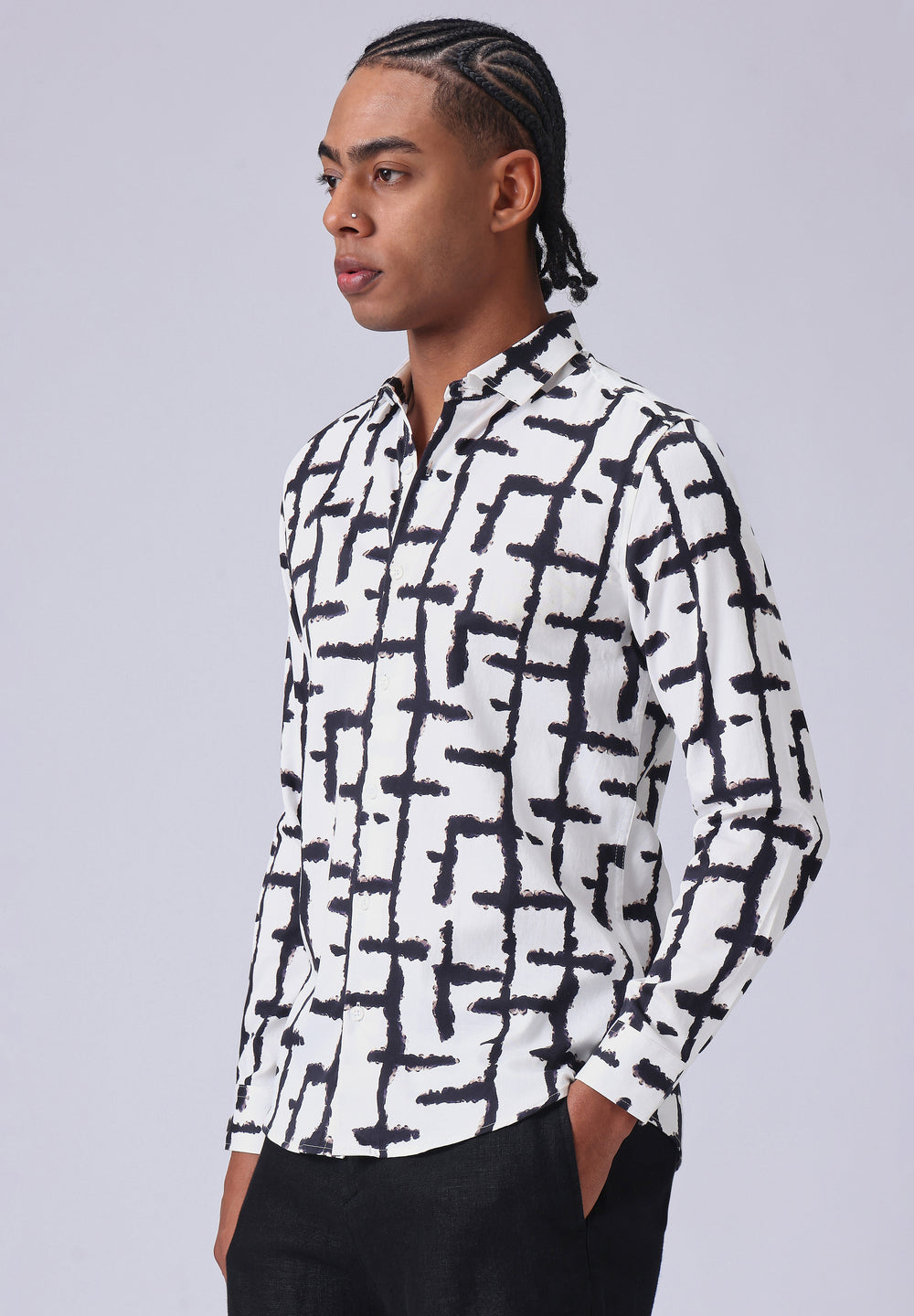White Abstract Check Print Shirt
