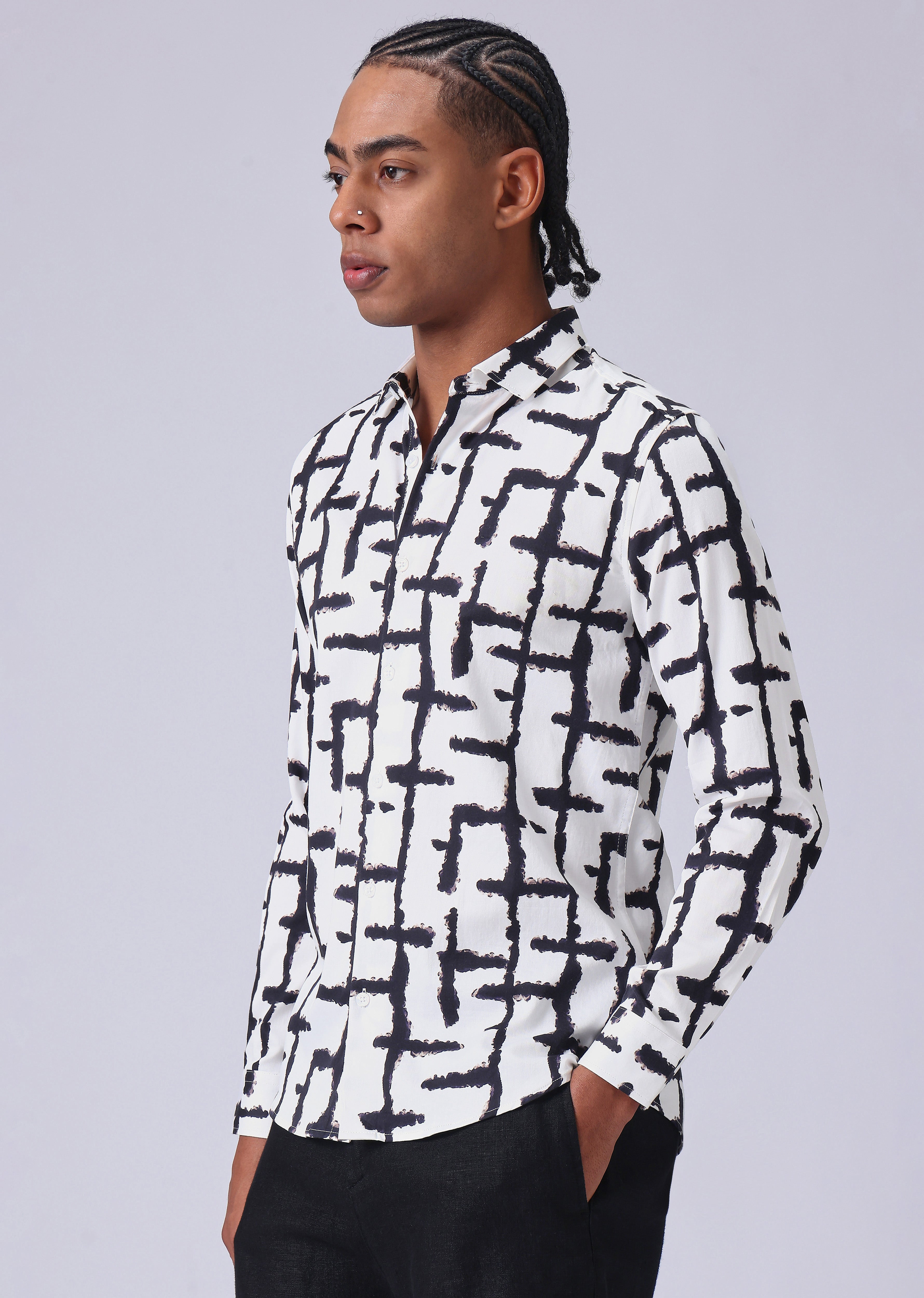 White Abstract Check Print Shirt