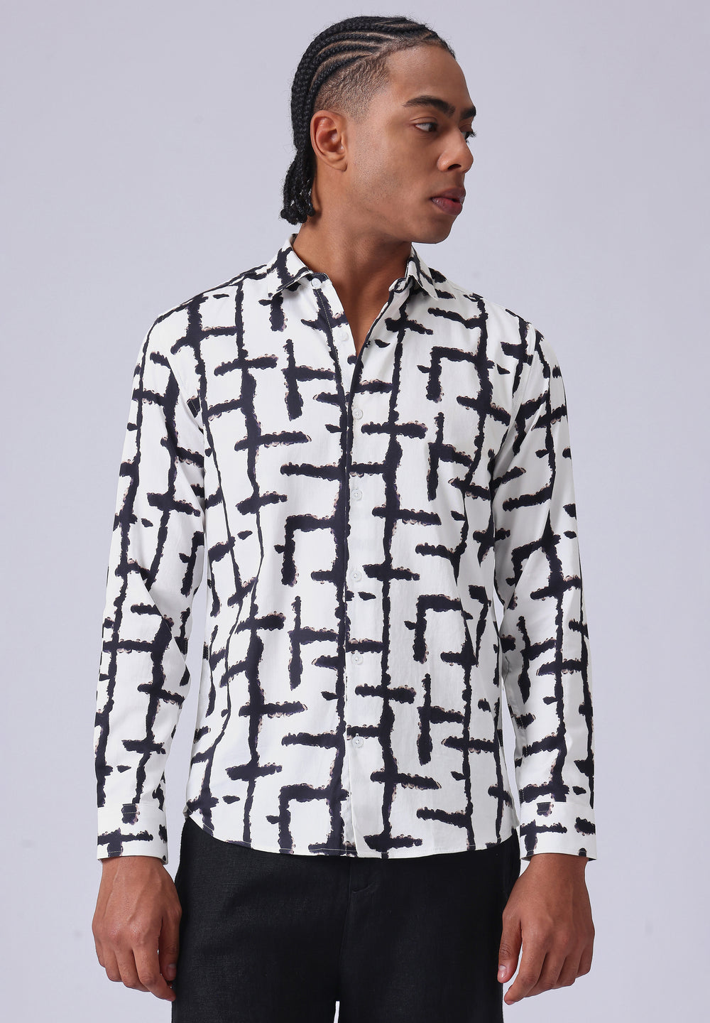 White Abstract Check Print Shirt