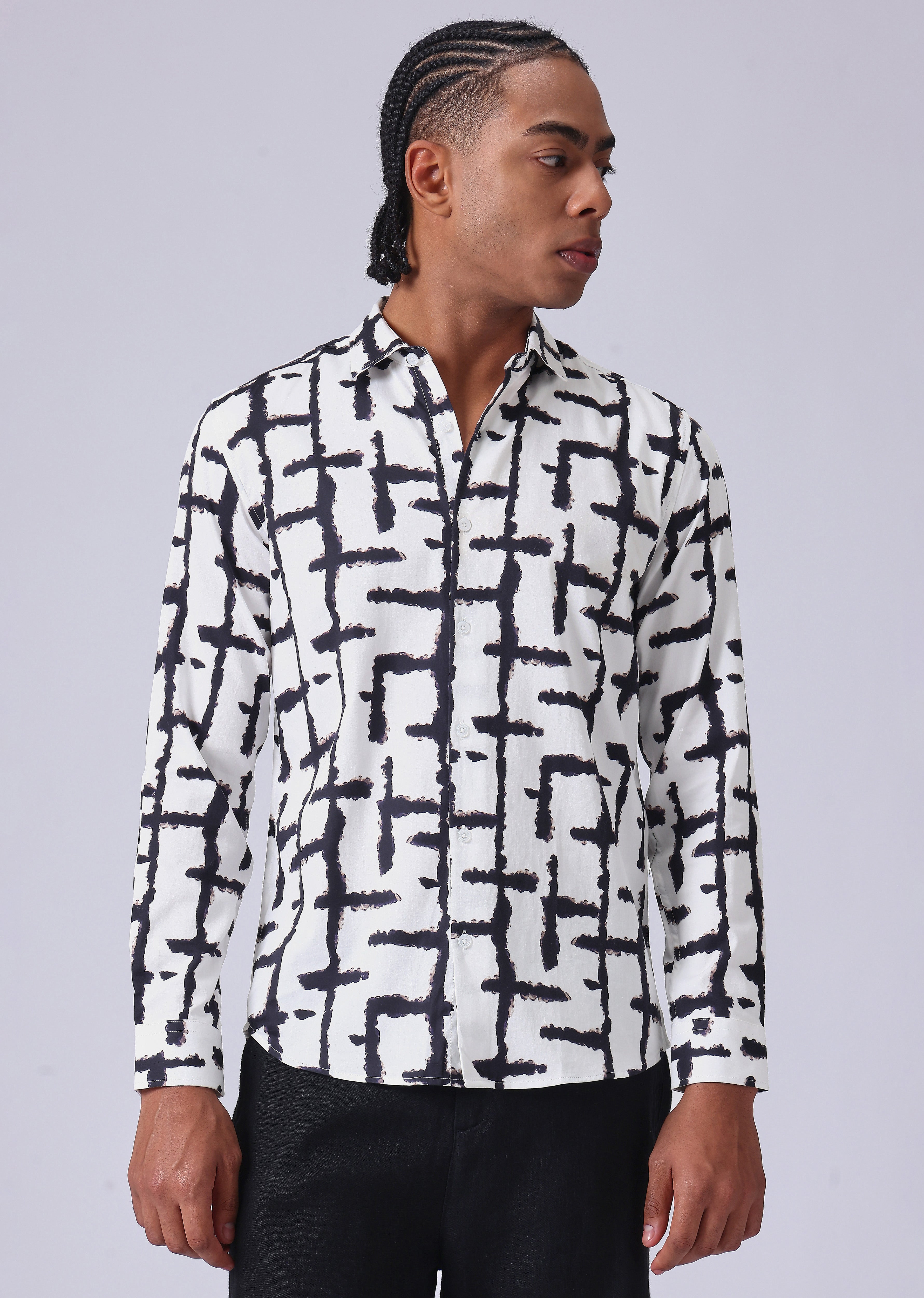 White Abstract Check Print Shirt