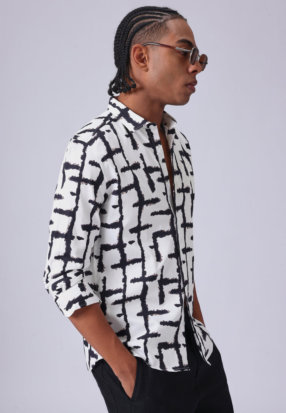 White Abstract Check Print Shirt