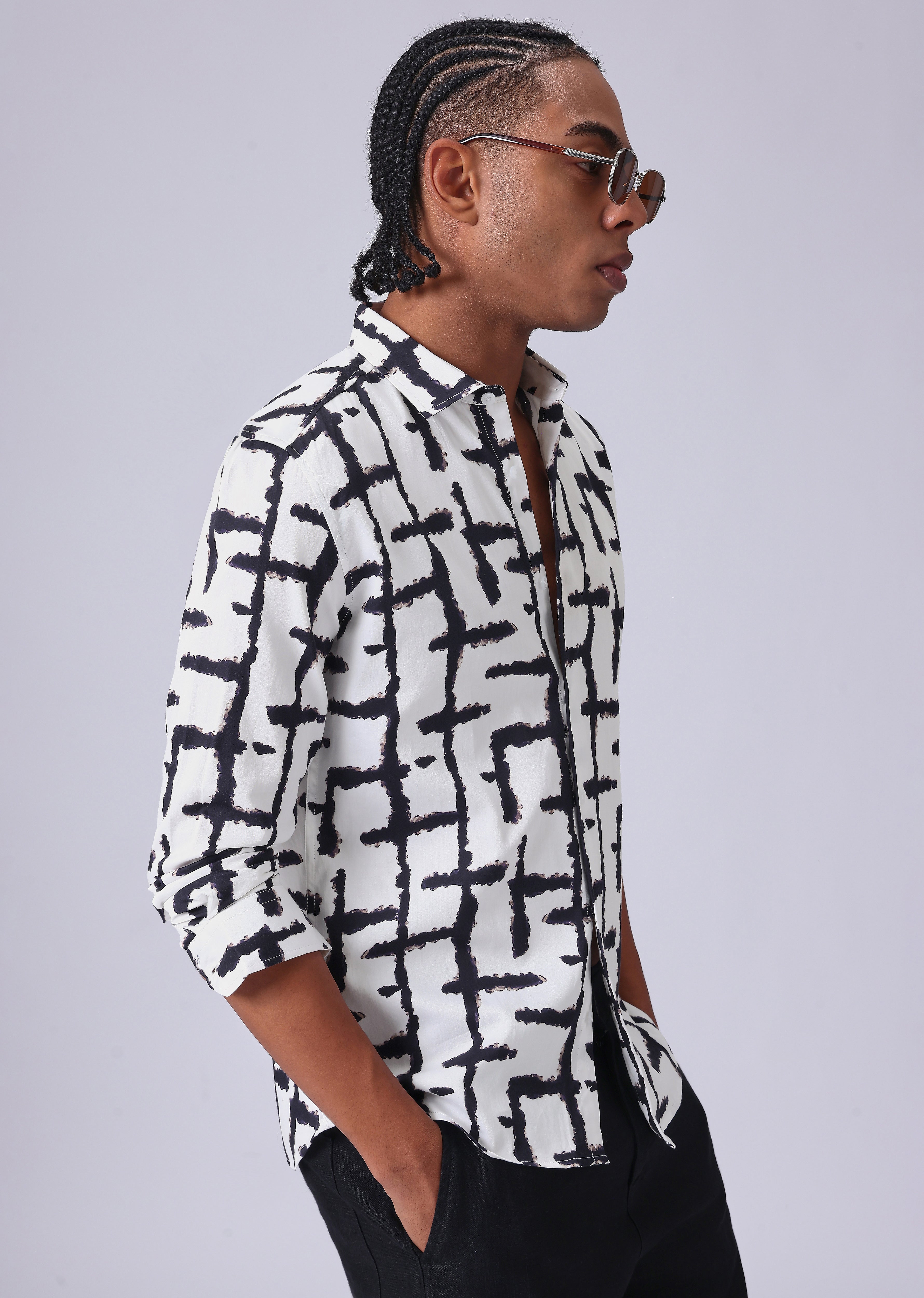 White Abstract Check Print Shirt