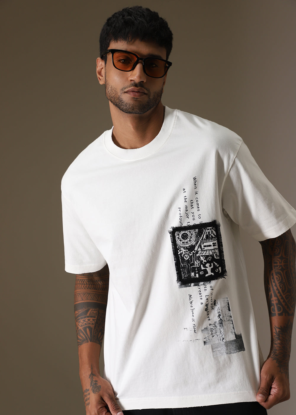 White Applique Printed Oversized T-shirt