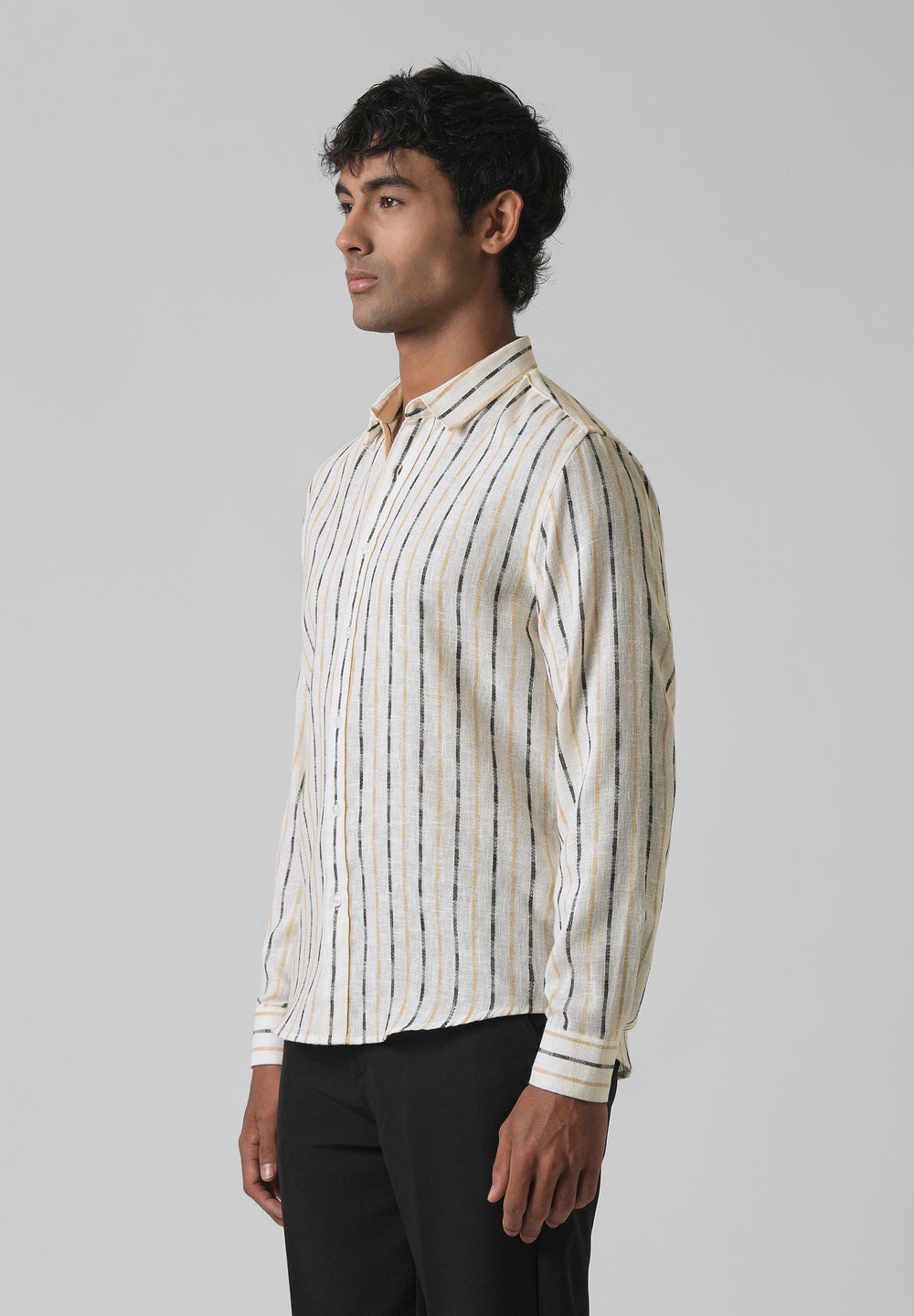 White Beige Blended Cotton Striped Shirt