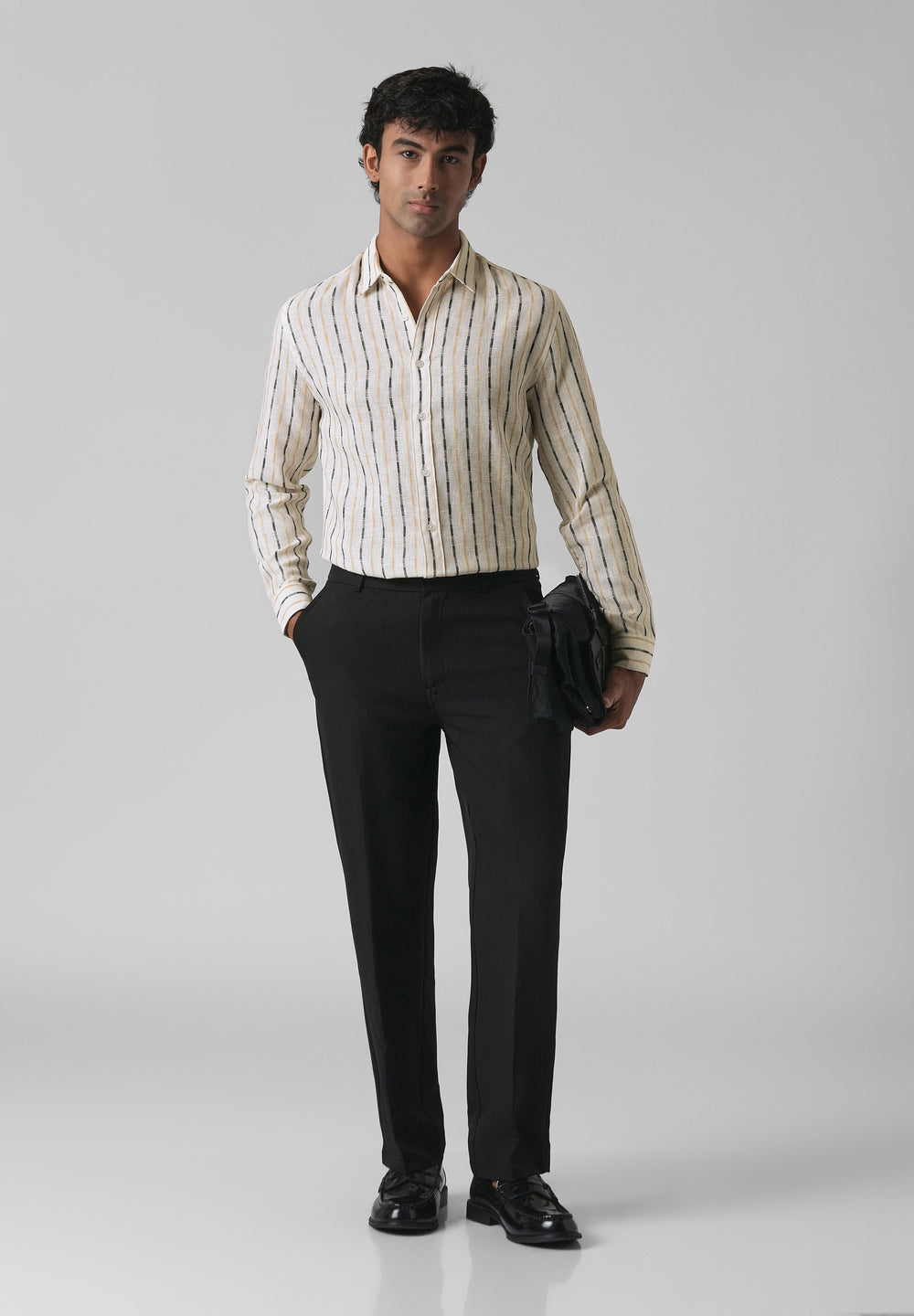 White Beige Blended Cotton Striped Shirt