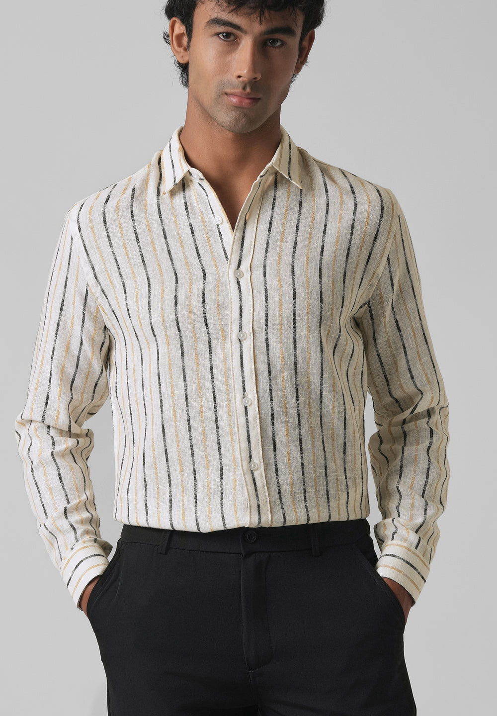 White Beige Blended Cotton Striped Shirt