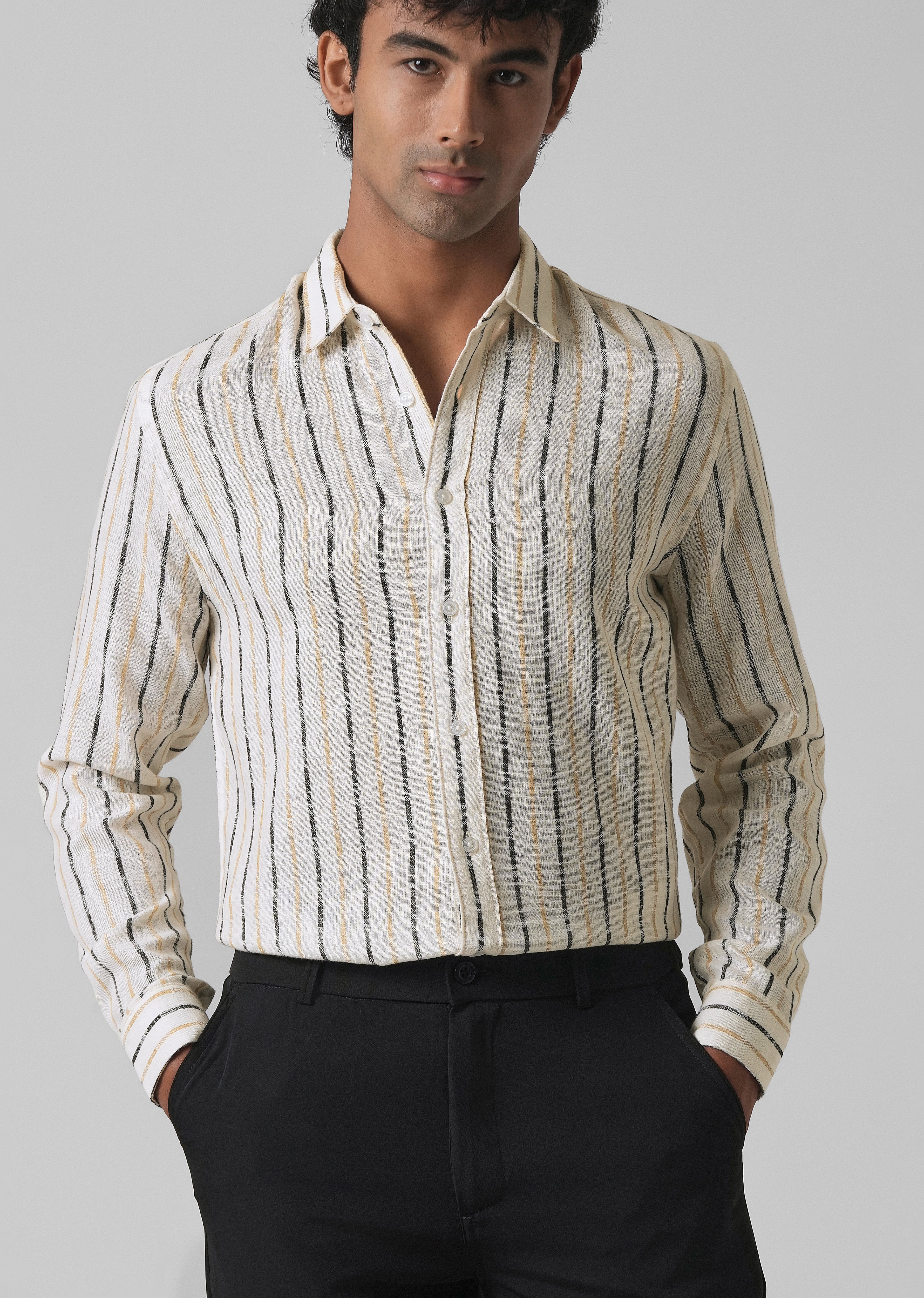 White Beige Blended Cotton Striped Shirt
