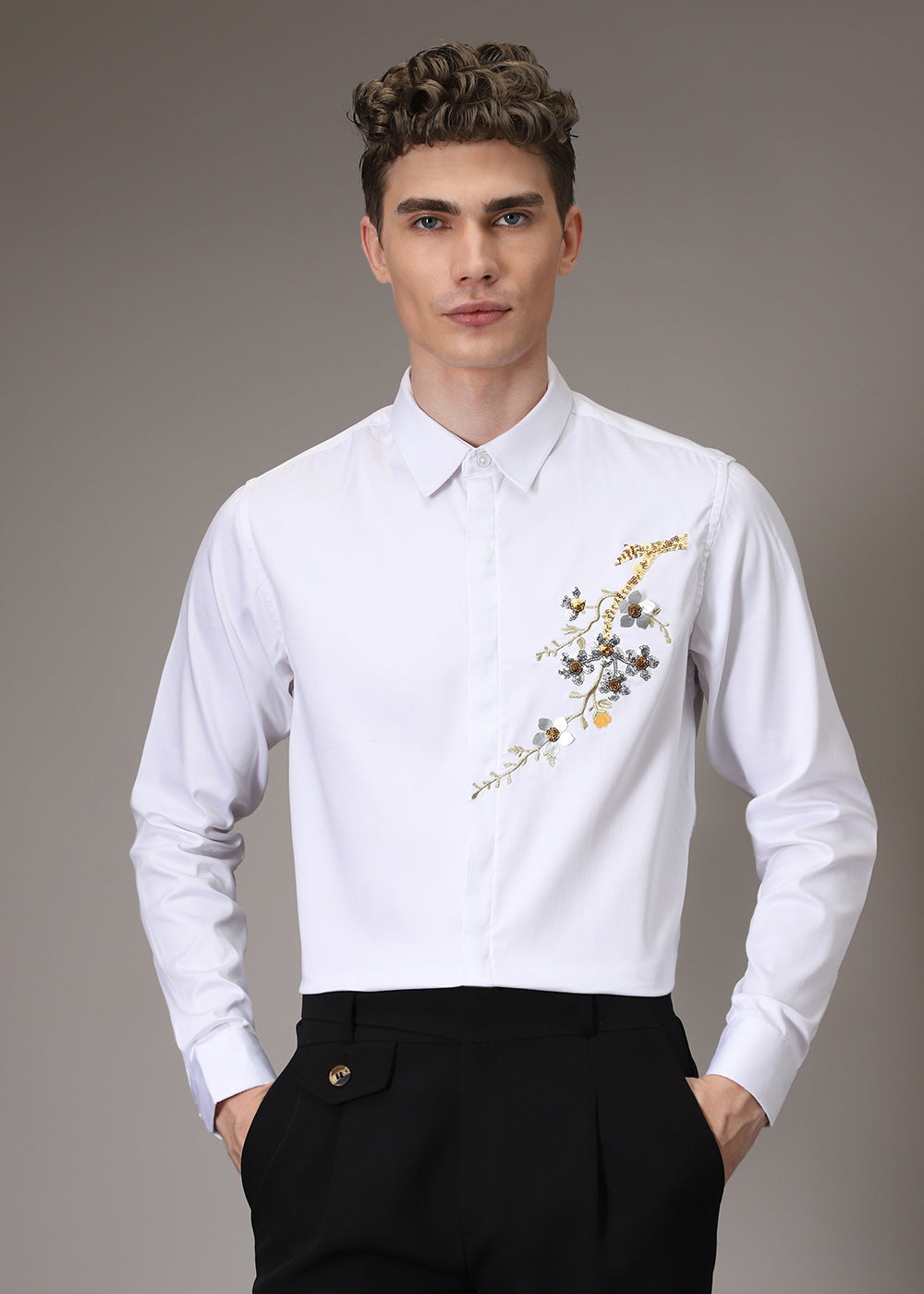 White Blossom Sequenced Designer Shirt