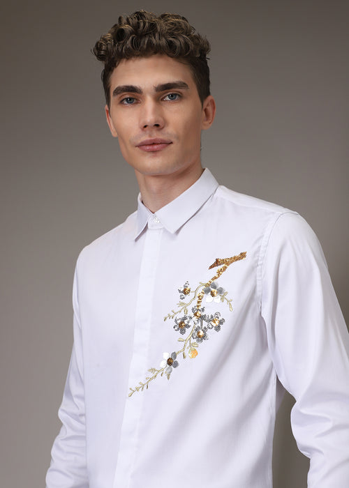 White Blossom Sequenced Designer Shirt