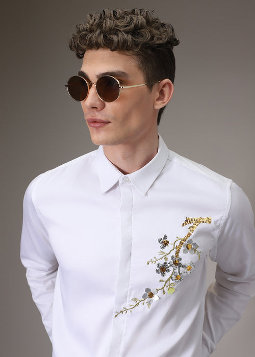 White Blossom Sequenced Designer Shirt