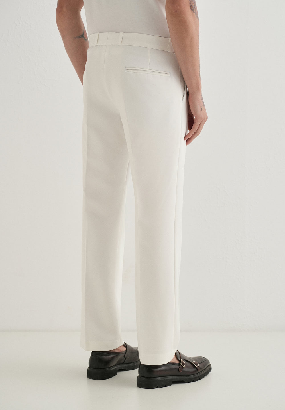 White Button-Tab Pleat Trouser
