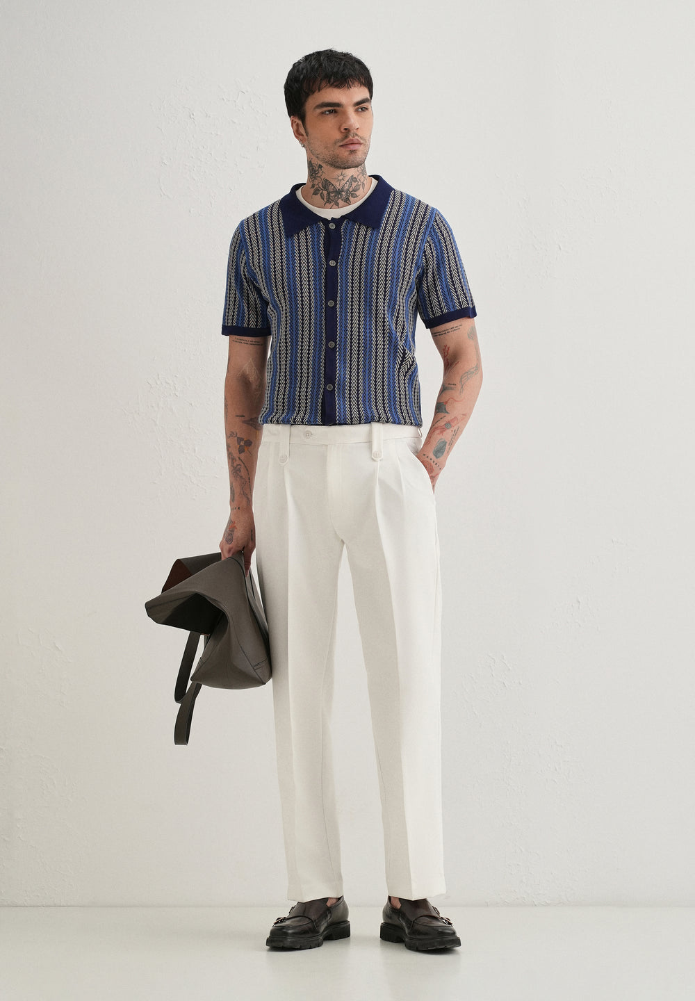 White Button-Tab Pleat Trouser