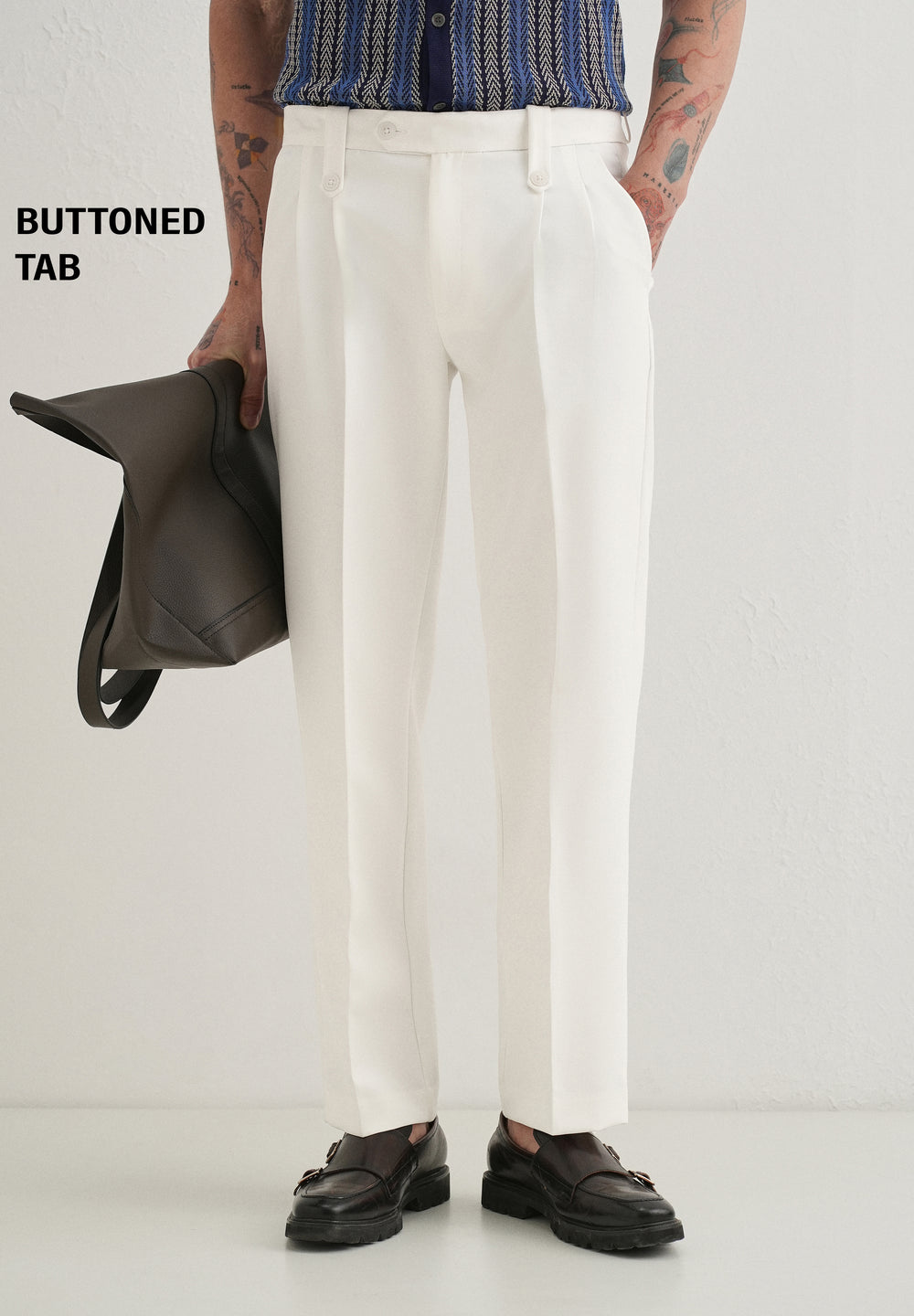 White Button-Tab Pleat Trouser