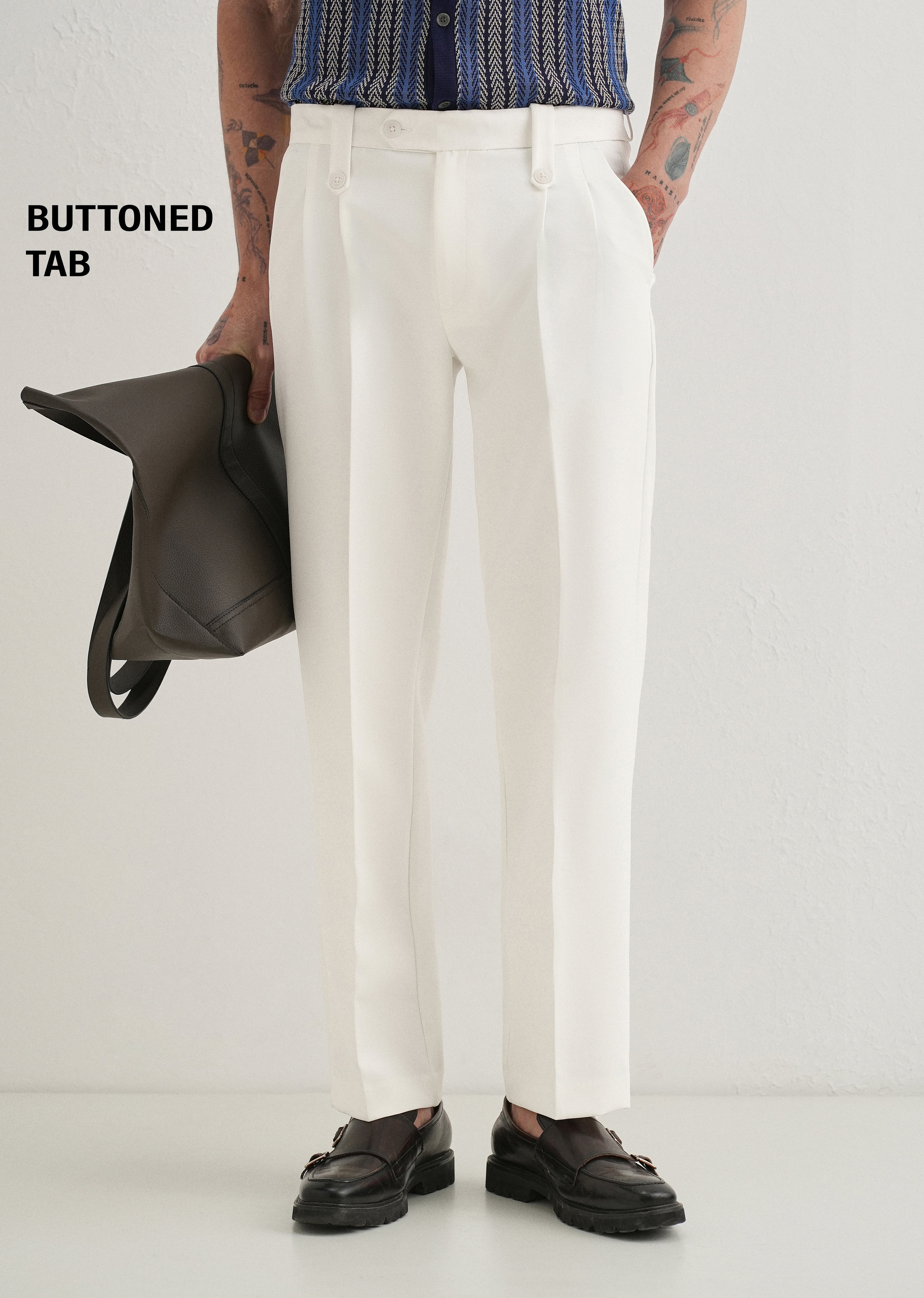 White Button-Tab Pleat Trouser