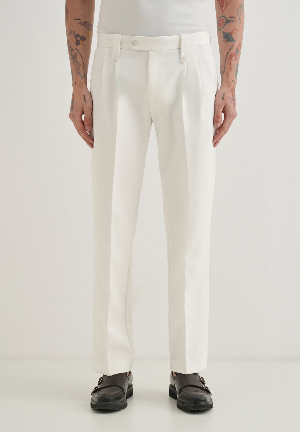 White Button-Tab Pleat Trouser