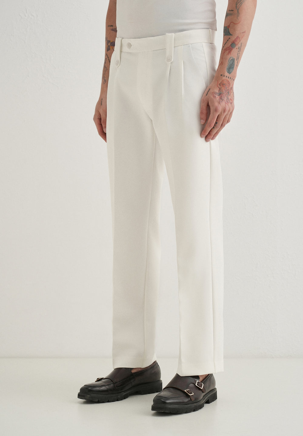 White Button-Tab Pleat Trouser