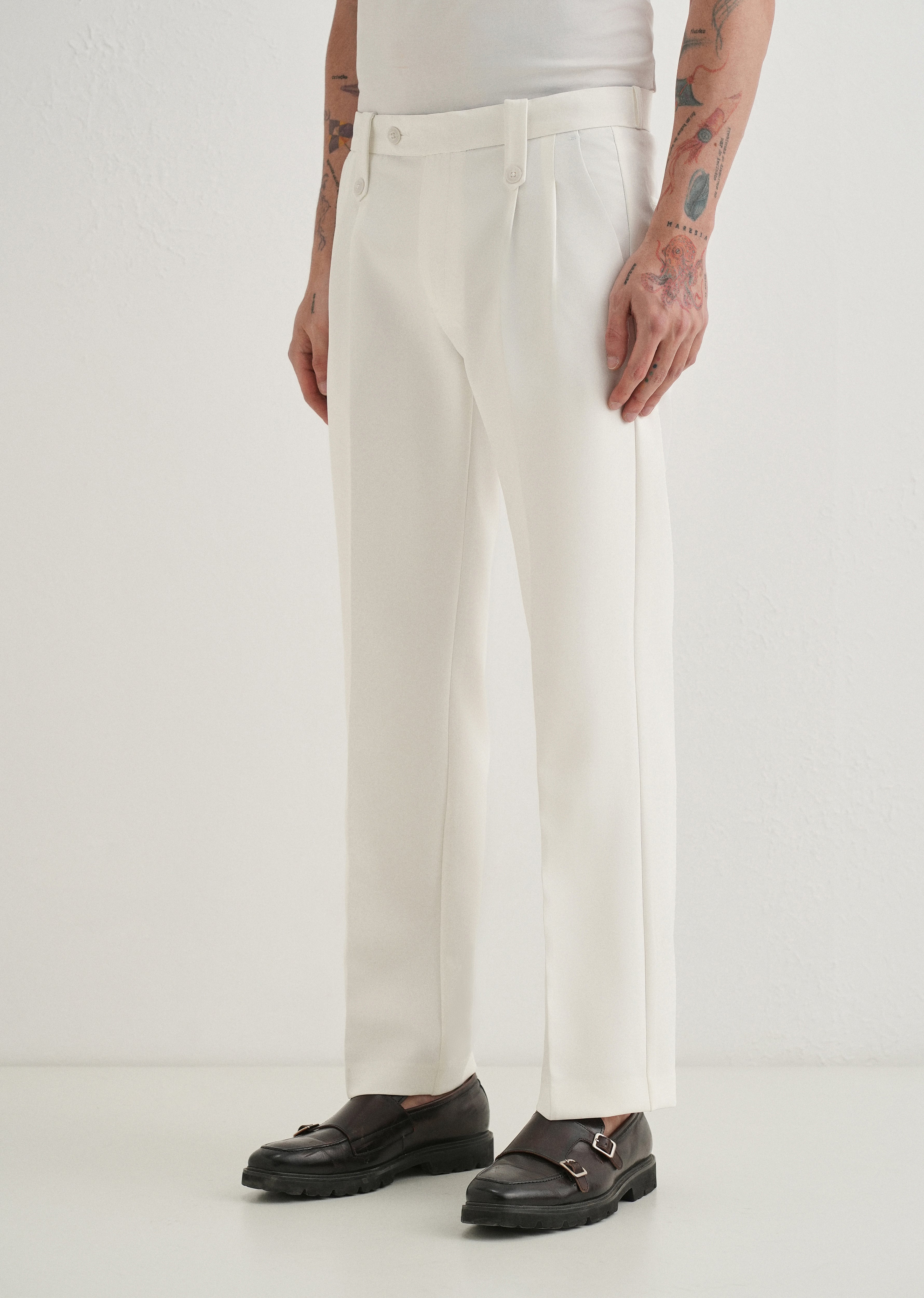 White Button-Tab Pleat Trouser