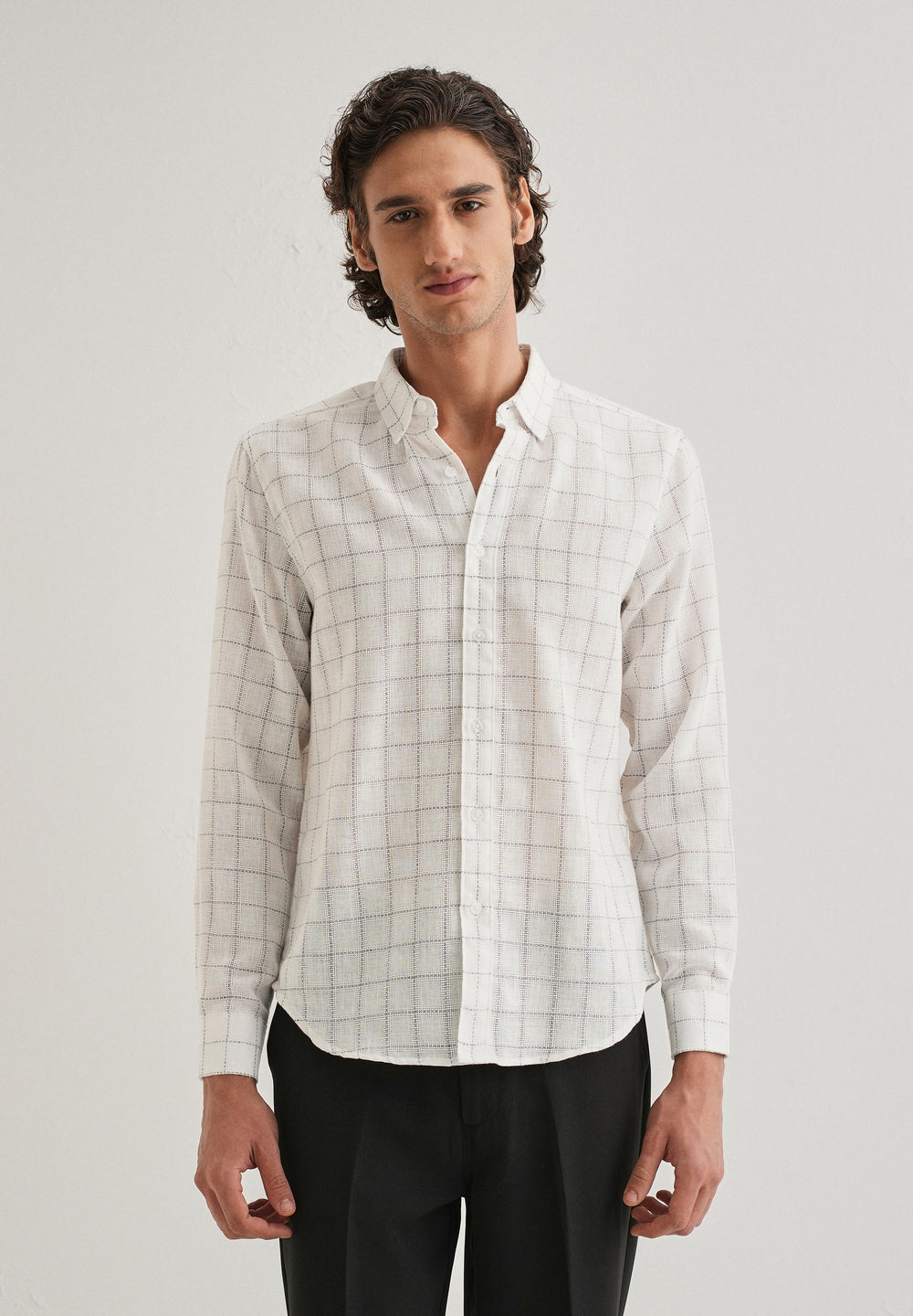 White Check Blended Linen Shirt