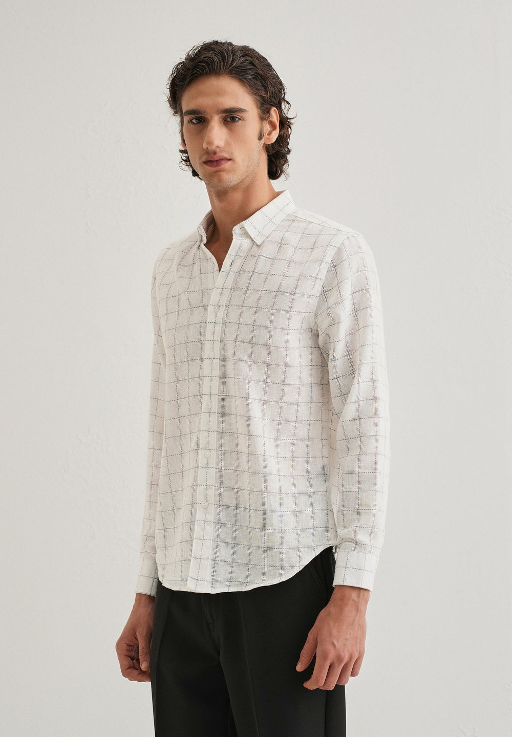 White Check Blended Linen Shirt