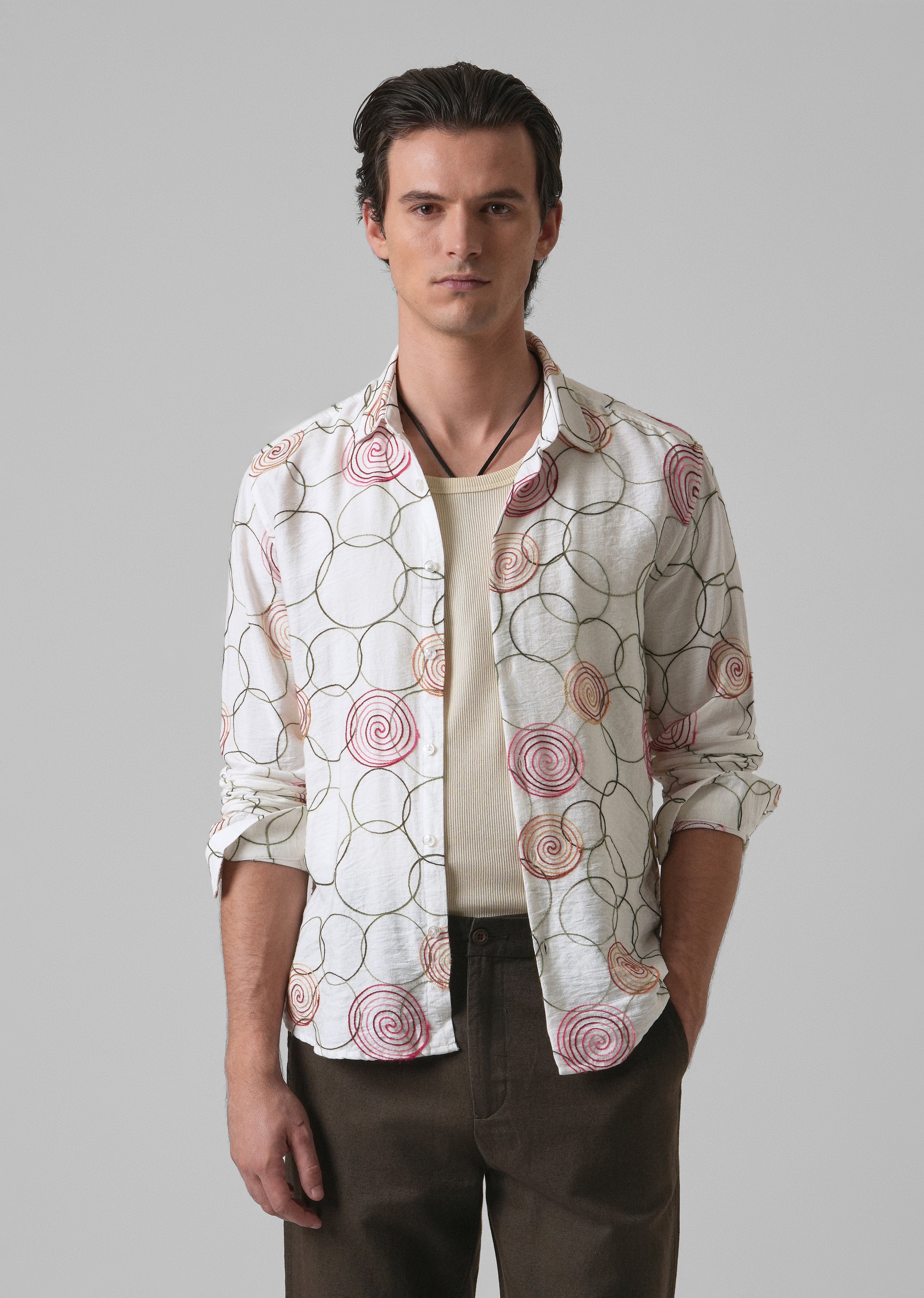 White Circular Embroidered Shirt