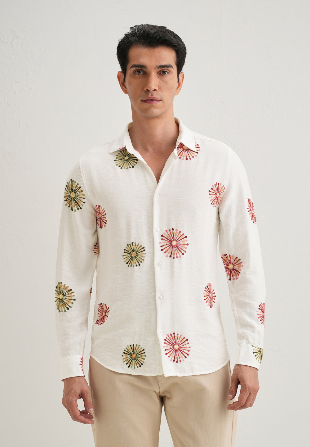 White Circular Embroidery Shirt