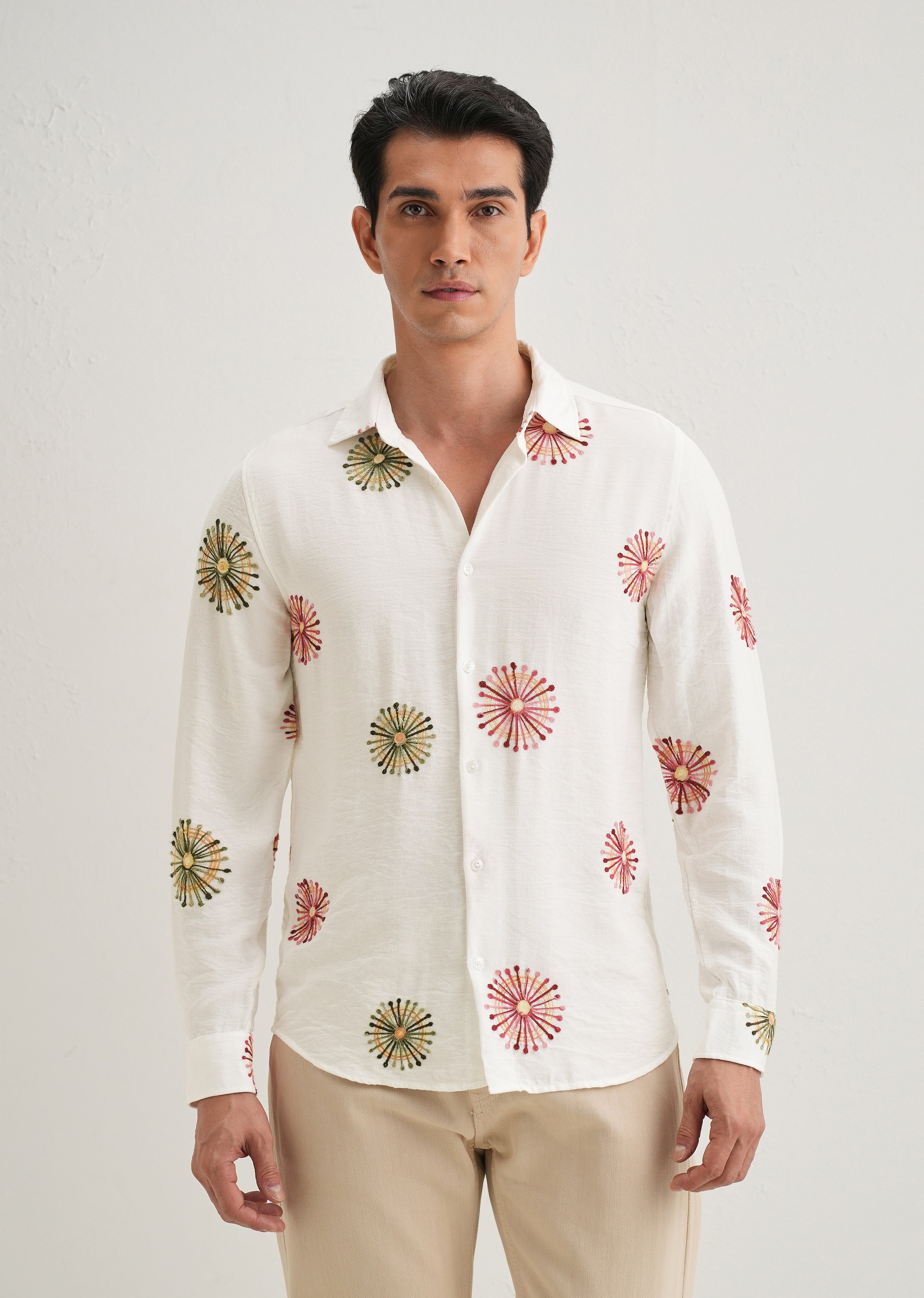 White Circular Embroidery Shirt