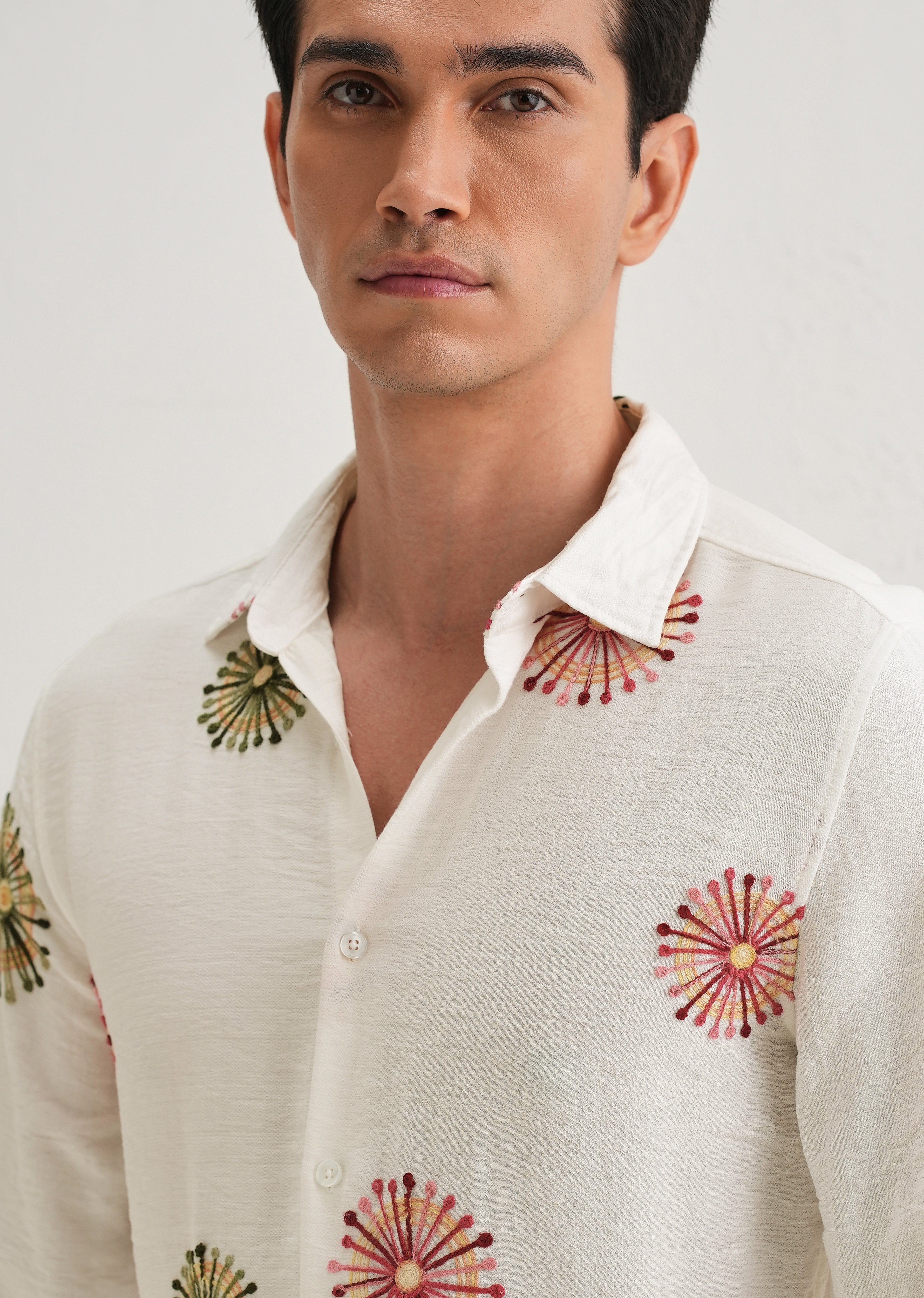 White Circular Embroidery Shirt