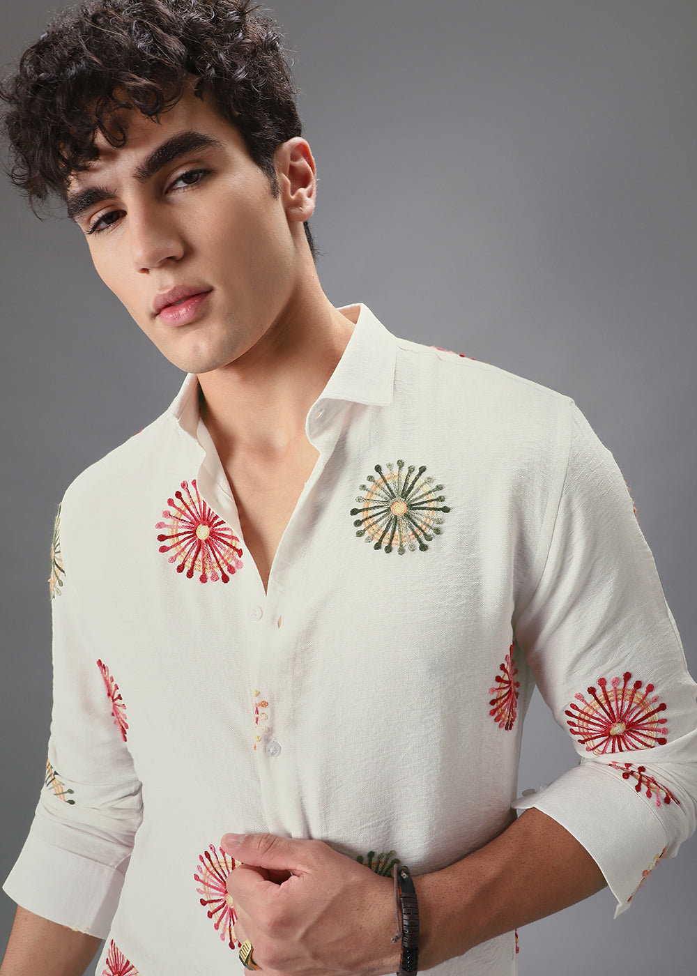 White Circular Embroidery Shirt