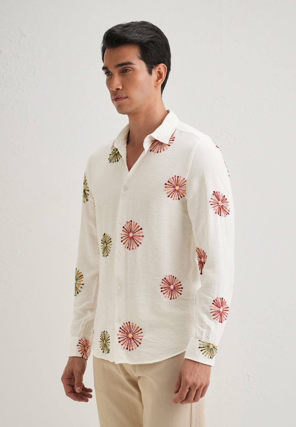 White Circular Embroidery Shirt