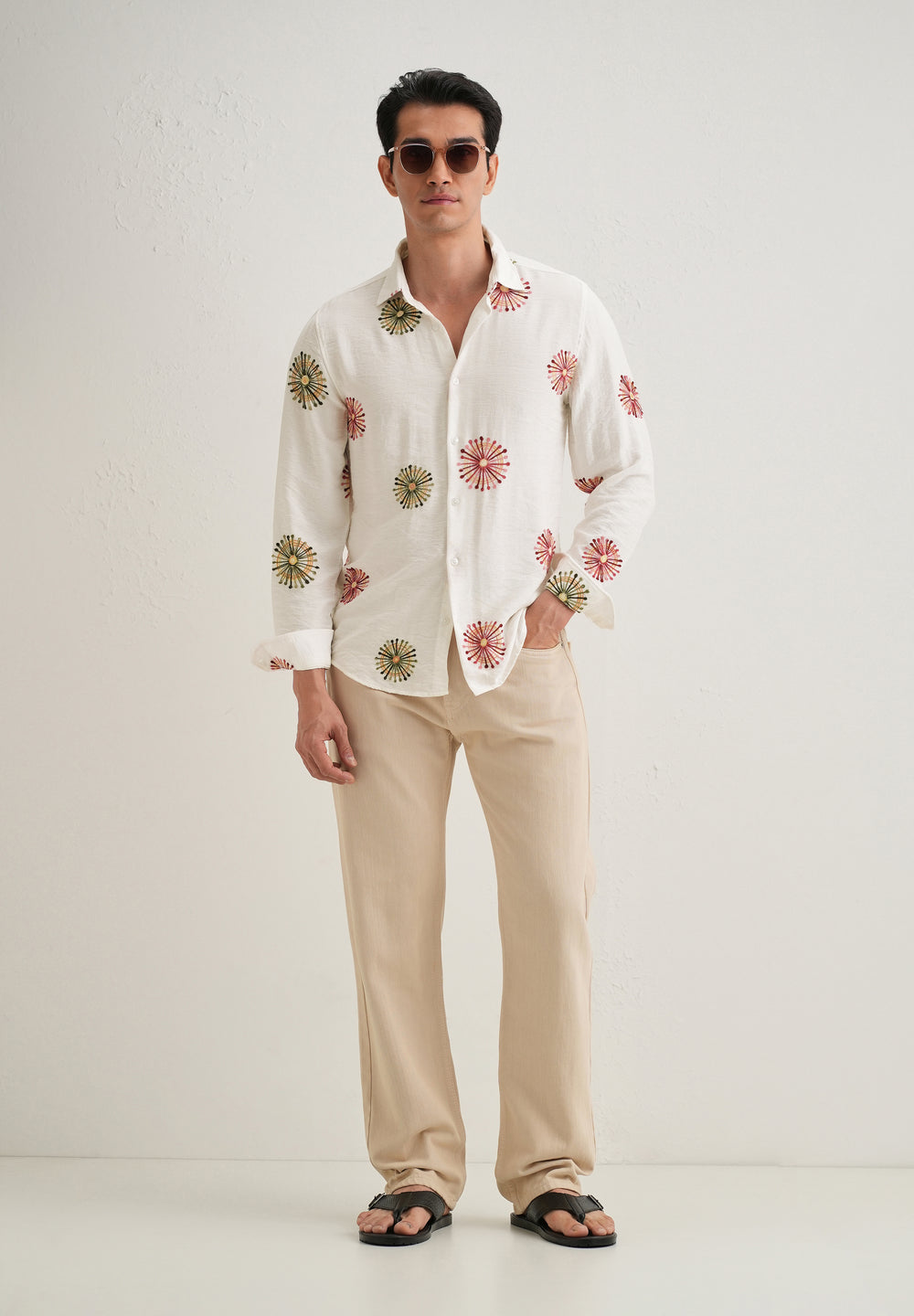 White Circular Embroidery Shirt