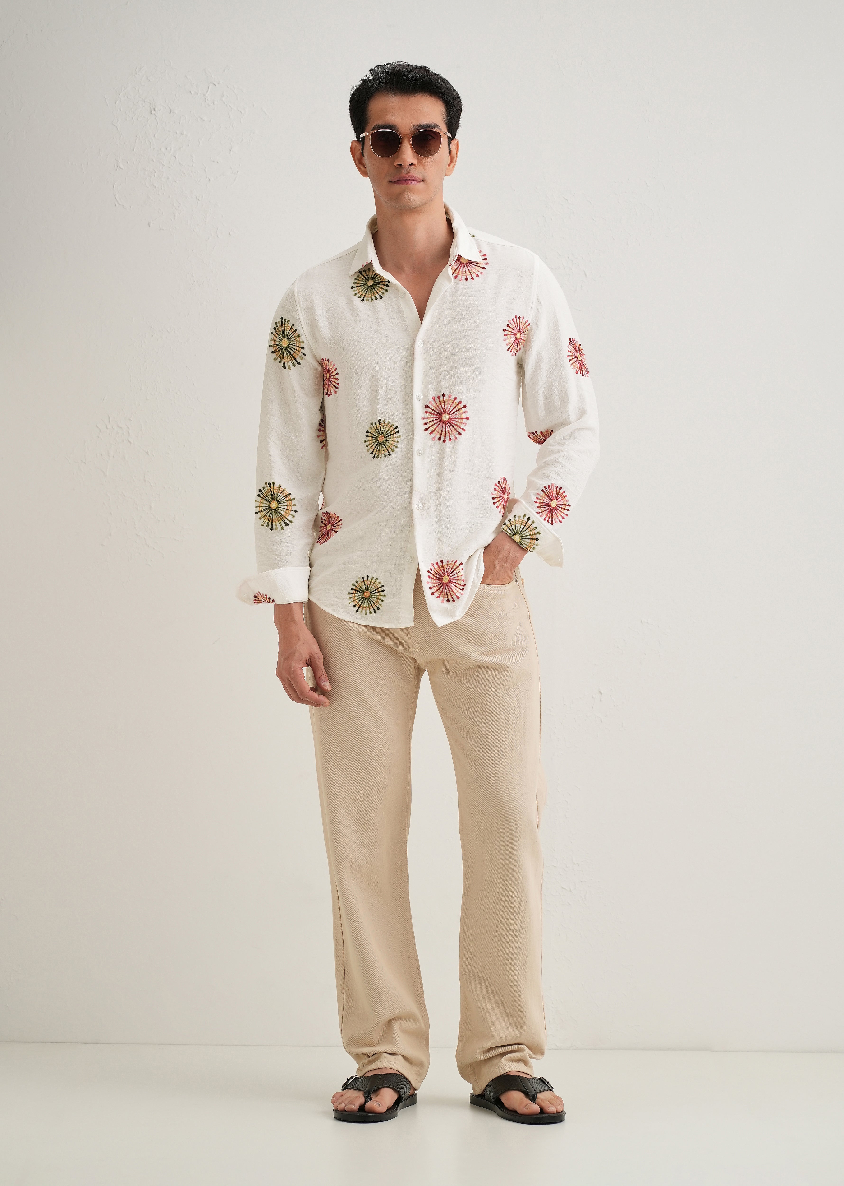 White Circular Embroidery Shirt